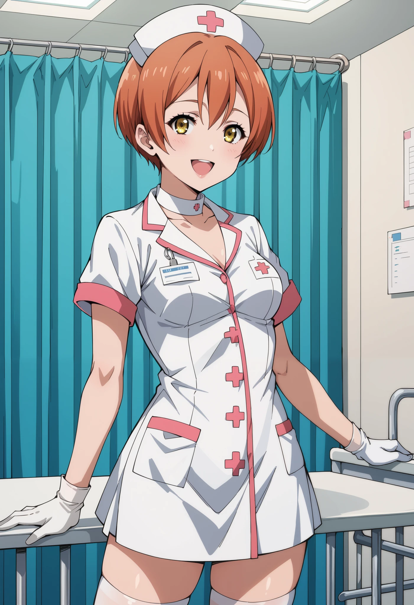 score_9, score_8_up, score_7_up, source_anime, rin hoshizora, short hair, yellow eyes, orange hair, pixie cut, small breasts, (best quality), (high quality), {masterpiece}, extremely delicate and beautiful, ultra-detailed, beautiful detailed eyes, nurse, nurse hat, ((white nurse's outfit)), white gloves, white legwear, zettai ryouiki, hospital room, smile, open mouth, standing