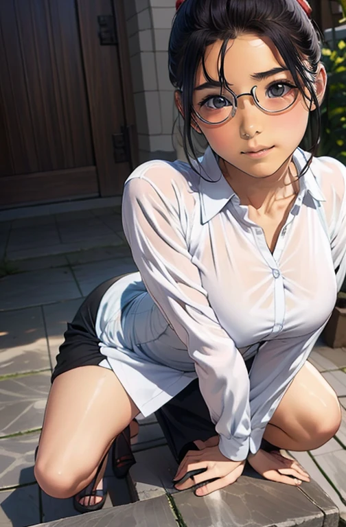 ((((Sex face))), (((siting on my lap)))), ((((cum out of  pussy))), (((teen girl))),((flat boobs)),((small boobs))), Sarada Uchiha with short hair, black eyes, wearing prescription glasses. (((She is wearing a white dress skirt))),  (((nude))), (((naked))), (((nsfw))),  she is in a livingroom.(((((( Siting in a bus at the back with legs open showing pussy, pussy Expose)))))))).((( black stockings with black highheels)))