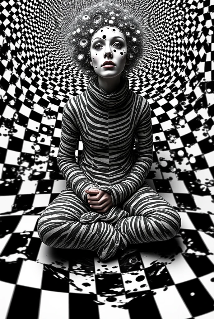 Create a tasteful, fine art photo composition with a highly attractive hunk of random race. The subject must be in a reclining pose that highlights his or her shapes and muscles., within a black and white op art composition that confuses the viewer's perception. The image should have a balance between elegance and sensuality, using colors and patterns that add depth and visual complexity. Incorporate elements like dramatic shadows, subtle highlights and varied textures to enrich the composition. Add details like artistic tattoos or understated jewelry that complement the subject's aesthetic. The background should include geometric patterns and lines that play with perspective, creating an optical illusion that attracts and holds the viewer's attention.