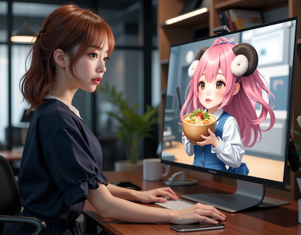 ultra-realistic, photorealistic, dramatic scene, shadow, global-illumination, 1 woman\(young Japanese beautiful woman, very beautiful fragile Japanese girl, very beautiful with very cute but boyish cool face, very large breasts, slim waist, wearing a office worker's elegant uniform, looking at viewers and showing peace sign\), the large computer display is displaying an 2D animated sheep girl\(cute chibi anime, chibi, 2D animated cute sheep girl, chibi-anime-girl, long pink fluffy hair, sheep girl, dark beige round horns, thick eyebrows, smile, pink dress, sky blue cardigan, sitting in the busy office room\), in the stylish office room, the woman is having a web conference with the 2D animated chibi-sheep-girl