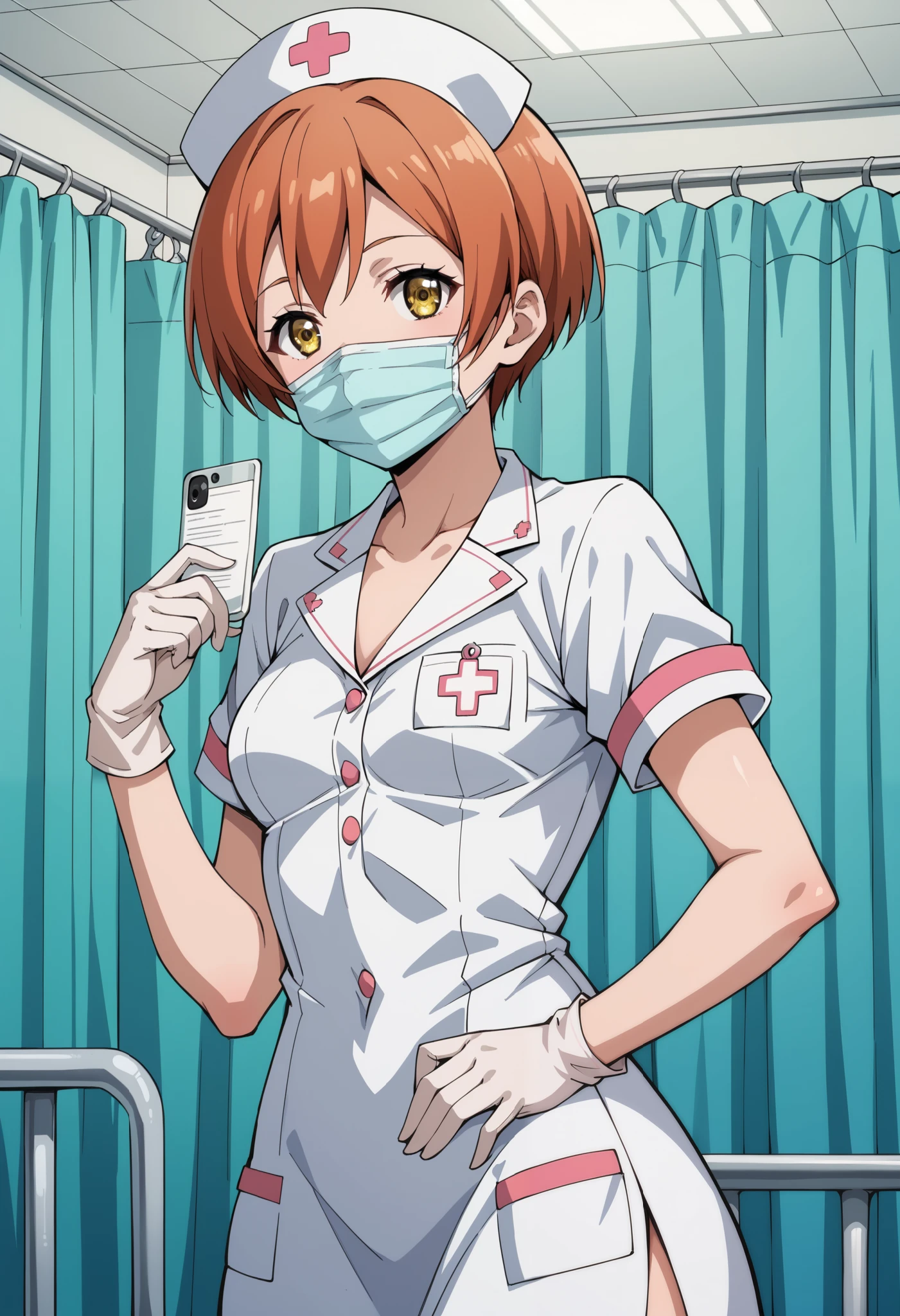 score_9, score_8_up, score_7_up, source_anime, rin hoshizora, short hair, yellow eyes, orange hair, pixie cut, small breasts, (best quality), (high quality), {masterpiece}, extremely delicate and beautiful, ultra-detailed, beautiful detailed eyes, nurse, nurse hat, ((white nurse's outfit)), white gloves, white legwear, zettai ryouiki, hospital room, ((white surgical mask, covered nose)), standing