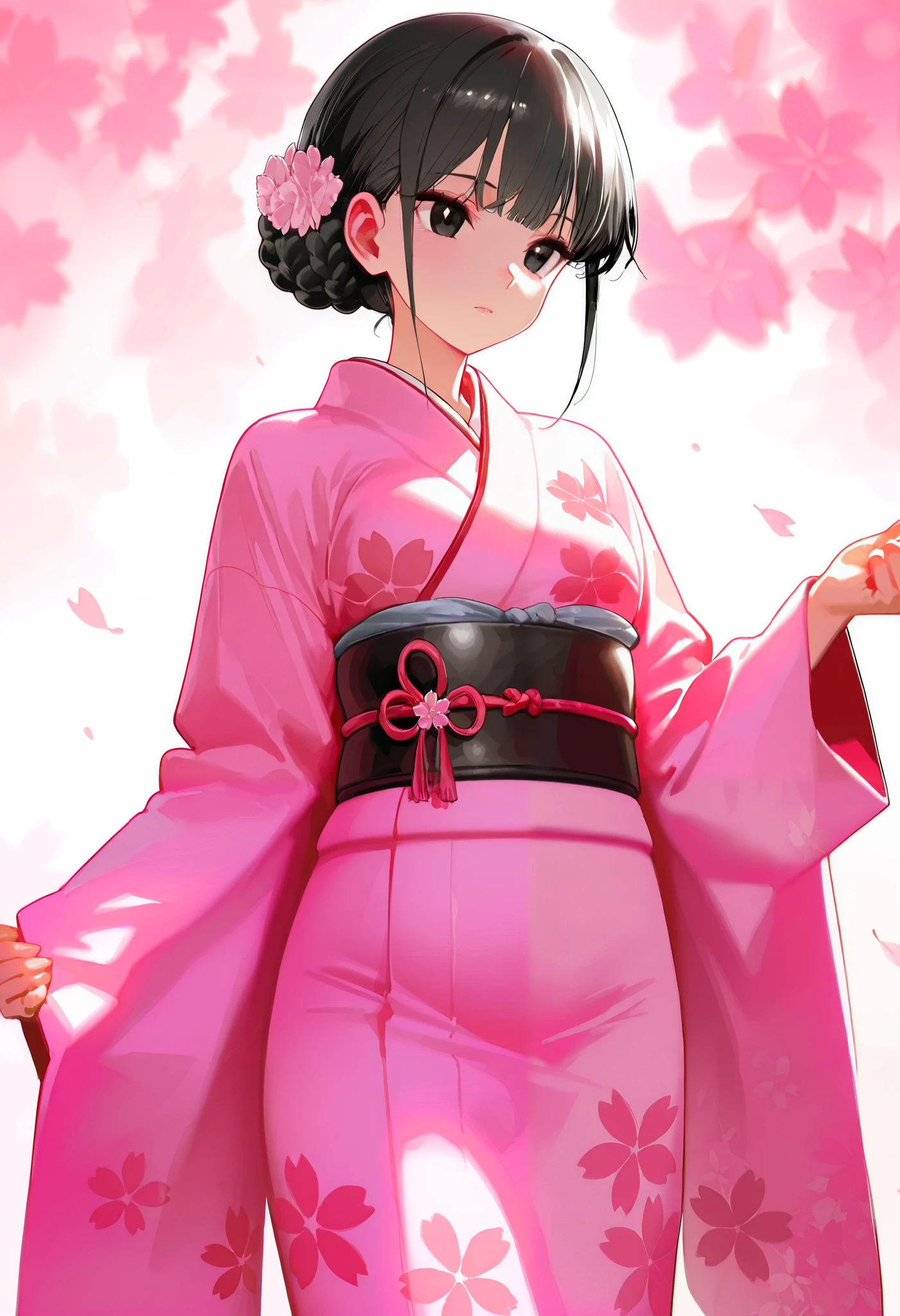 1girl, braided bun jet black hair, bangs, black eyes, kuudere, wearing kimono, standing up, sophisticated, cherry blossom background, depth of field, highres, great quality, illustrated digital sketchy anime style, soft lighting, cherry blossom leaves falling