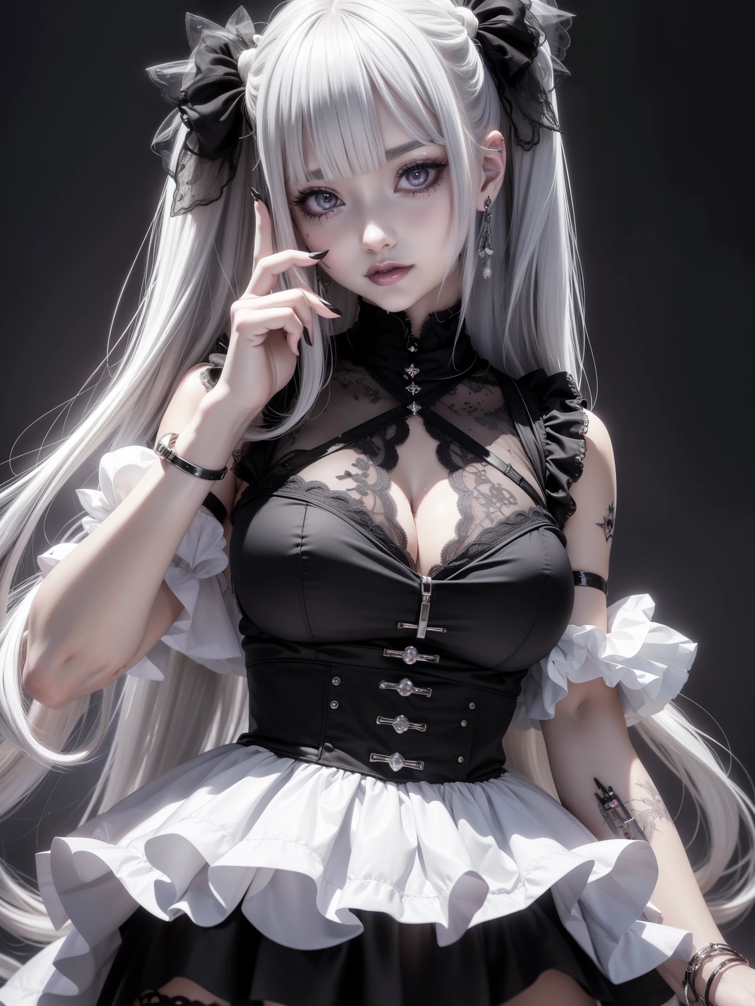 A 2 gothic punk goth girl, perfect face, beautiful Asian woman with long White hair in curls and coils, very cute and beautiful girl, (highly detailed beautiful face), high detailed fingers, (Blood Red corset with detailed frills), detailed face, ]cowboy shot, looking at viewer, ((sexy Punk Lolita cosplay)), unconventional skirt, petticoats, high neckline, ((ultra detailed lace)), ((ultra detailed embroidery)), intricate details, tartan patterns, ((silver chains)), ((silver spikes)), ((safety pins)), Punk Lolita  Punk Lolita choker, ((large sparkling Punk Lolita, cinematic light, detailed large park background with trees