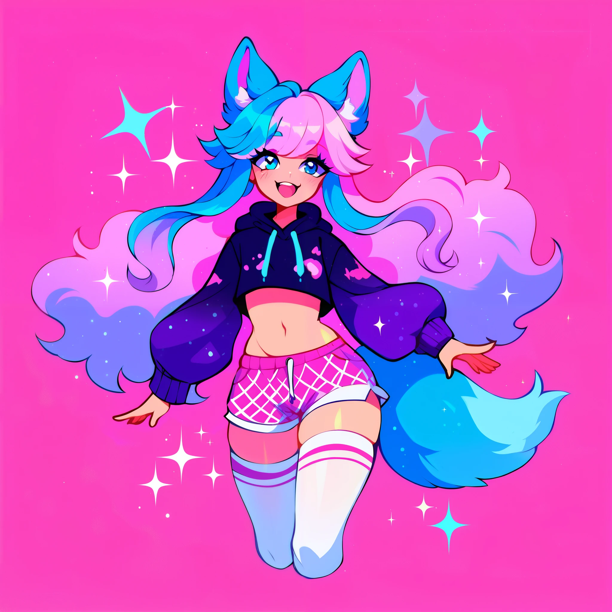 Single boy, Anime Femboy, Short, Long feathered hair with long locks, wolf ears, wolf tail, blue eyes, flat chest, super flat chest, solo femboy, only one femboy, wide hips, thicc thighs, happy, big fluffy wolf tail, is a boy, one boy, solo, alone, (SOLO)(ALONE), squishy thighs, very soft looking, soft skin, wearing white knee high stockings with fishnets, happy, wearing sparkly neonhot pink latex shorts, no underwear, wearing cropped galaxy hoodie, has light purple pink hair, has highlighted hair (Multi colored hair highlights)(multi colored hair), galaxy backround, bubbles, floating hearts, wearing eye liner, wearing makeup, doing a split, split legged, doing the splits