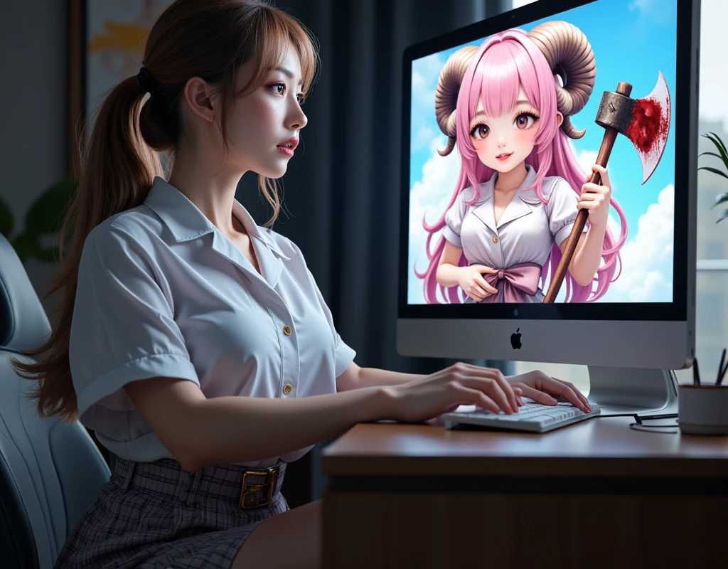 ultra-realistic, photorealistic, dramatic scene, shadow, global-illumination, 1 woman\(young Japanese beautiful woman, very beautiful fragile Japanese girl, very beautiful with very cute but boyish cool face, very large breasts, slim waist, wearing a office worker's elegant uniform, looking at viewers and showing peace sign\), the large computer display is displaying an 2D animated sheep girl\(cute chibi anime, chibi, 2D animated cute sheep girl, chibi-anime-girl, long pink fluffy hair, sheep girl, dark beige round horns, thick eyebrows, smile, pink dress, sky blue cardigan, sitting in the busy office room\), in the stylish office room, the woman is having a web conference with the 2D animated chibi-sheep-girl