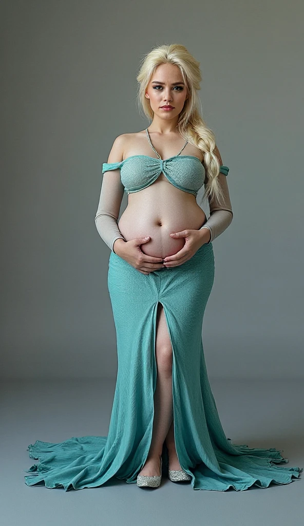 8k, masterpiece, very realistic, Full body (Sexy pregnant queen 1.2), very slim waist, slim thighs, elaborate detailed light blue detailed embroidered formal dress, long straight flowing blonde hair, elaborate detailed patterned white stockings, medium breasts, pregnant, (curved back 1.2), silver tiara with light blue gems 