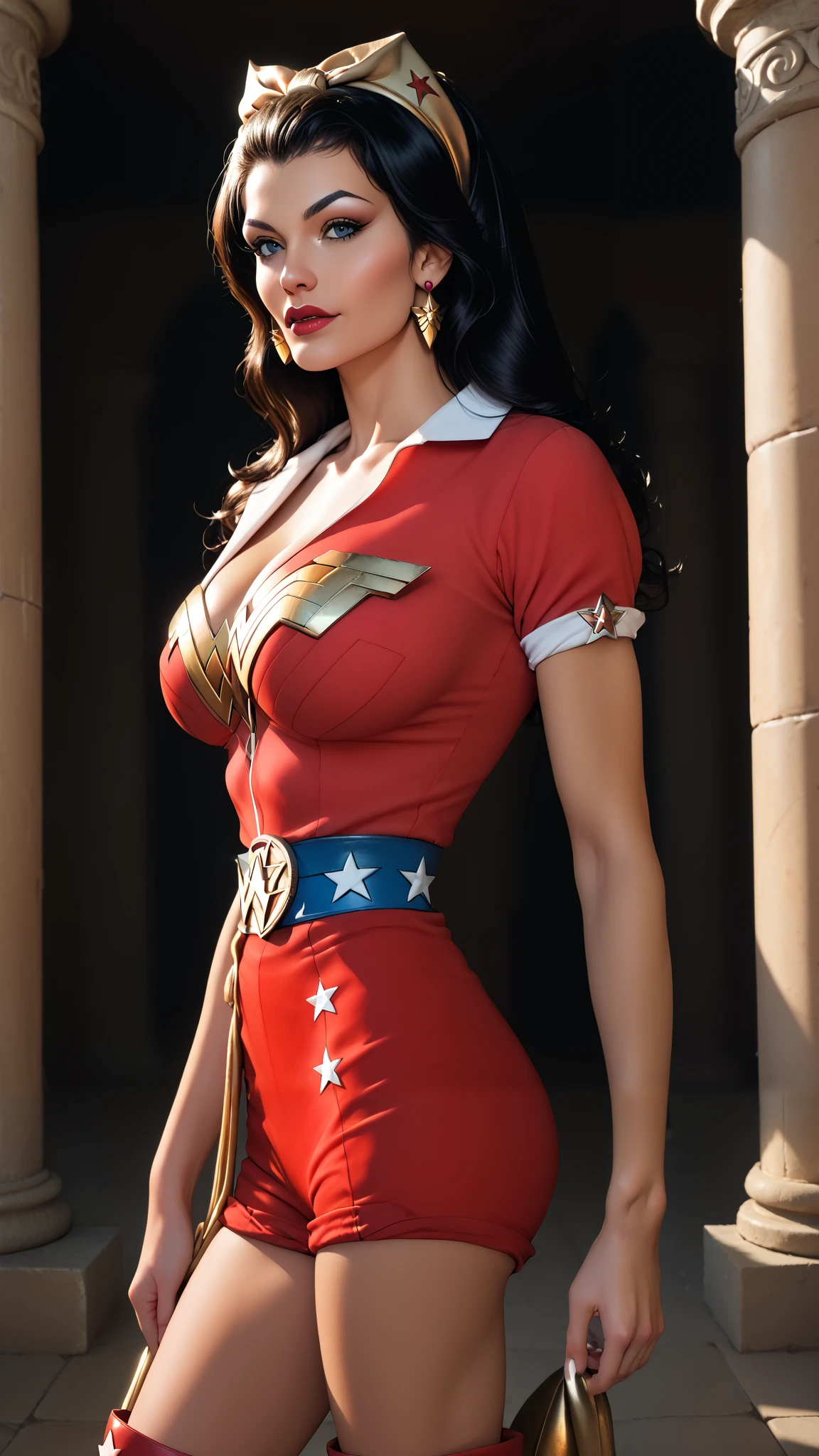 Georgina Rodriguez, retro Wonder Woman costume, ((Best Quality))Large breasts, Black Hair, back angle, looking to the viewer over her shoulder , bmbshllwndrwmn, long hair, hairband, cleavage, blouse, earrings, belt, belt buckle, shorts, knee boots ,posing sexy, from a distance , inside ancient greek temple.