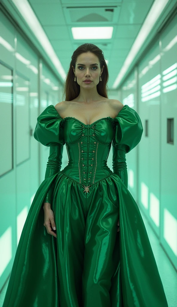 Dark-haired gothic woman in a green and gold dress