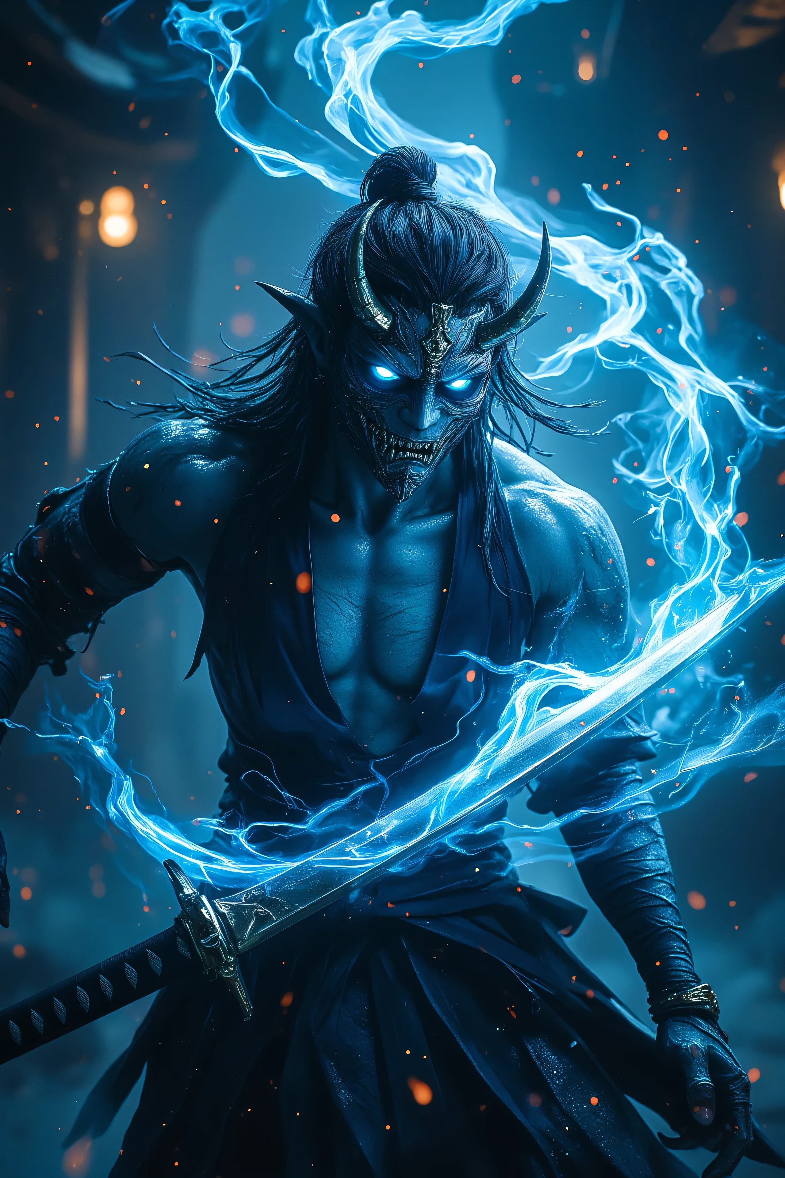 a demonic korean man with luminous eyes, glowing eyes, using the power of souls, magical effects around the character, stylish character, demon horns, demon mask on the face, luminous eyes, demon magic around the character, begins by being absorbed by his katana, katana standing and floating in front of the character, wearing loose korean clothes, long tied black hair, bare torso, wielding blue flames in the shape of a katana, (best quality,4k,8k,highres,masterpiece:1.2),ultra-detailed,(realistic,photorealistic,photo-realistic:1.37),dynamic action scene