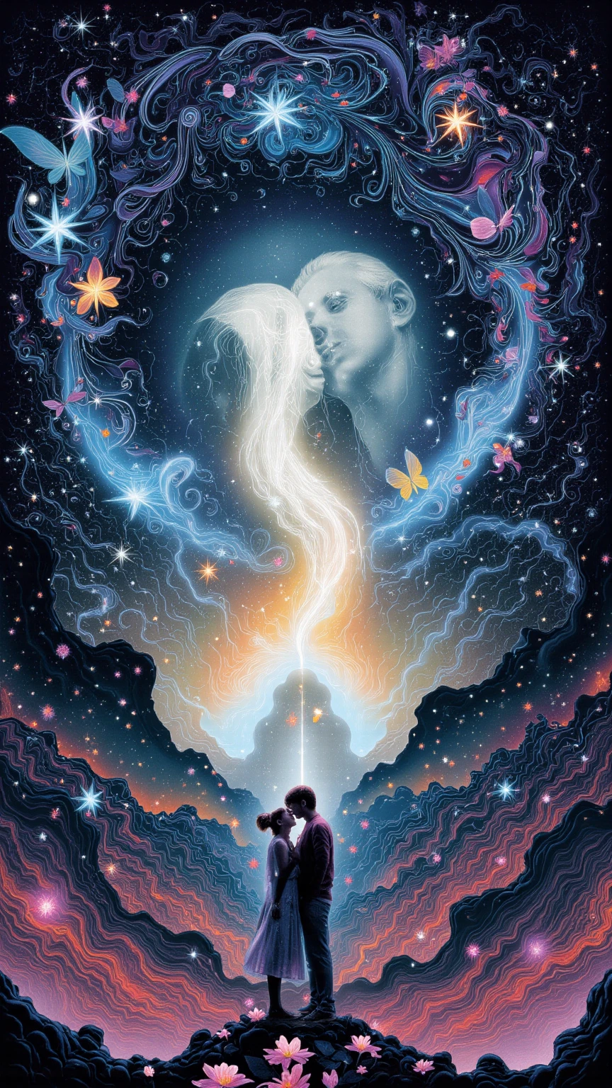 tarot card, a card, card : "THE LOVERS", tarot card frame,vivid colors (art inspired by Bill Sienkiewicz).
