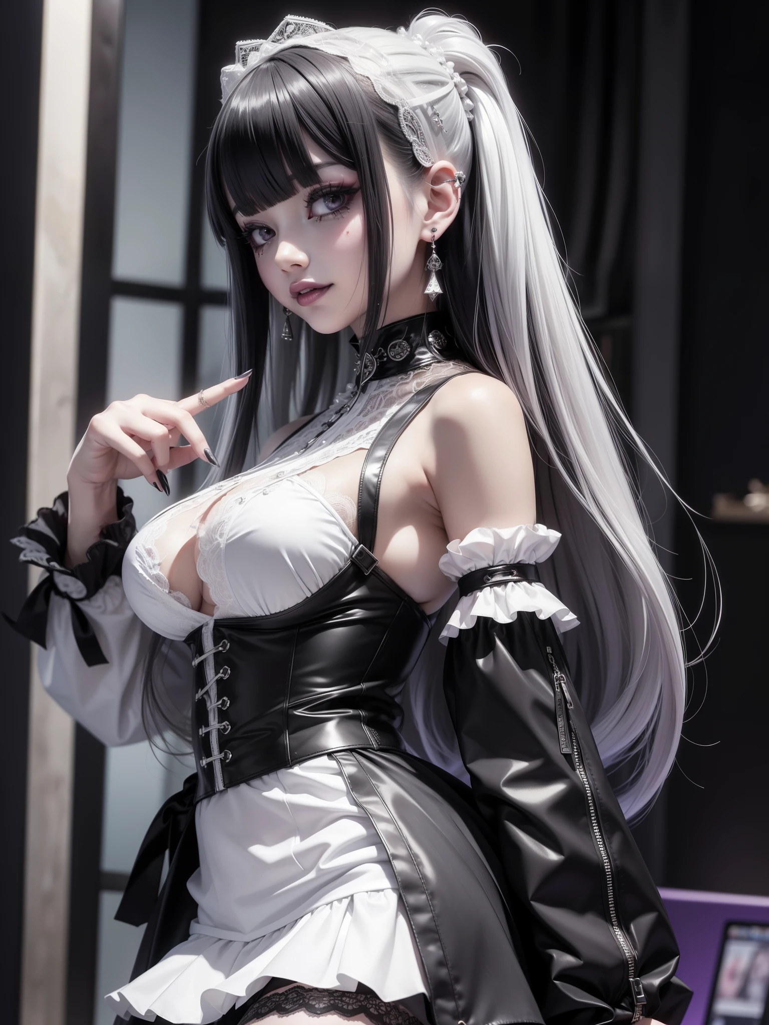 photorealistic, high resolution, 1 women, solo, hips_up, hips up, beautiful eyes, look at viewer, close lips, detailed face, white hair, long hair, black lingerie, lace, garters belt, black stockings