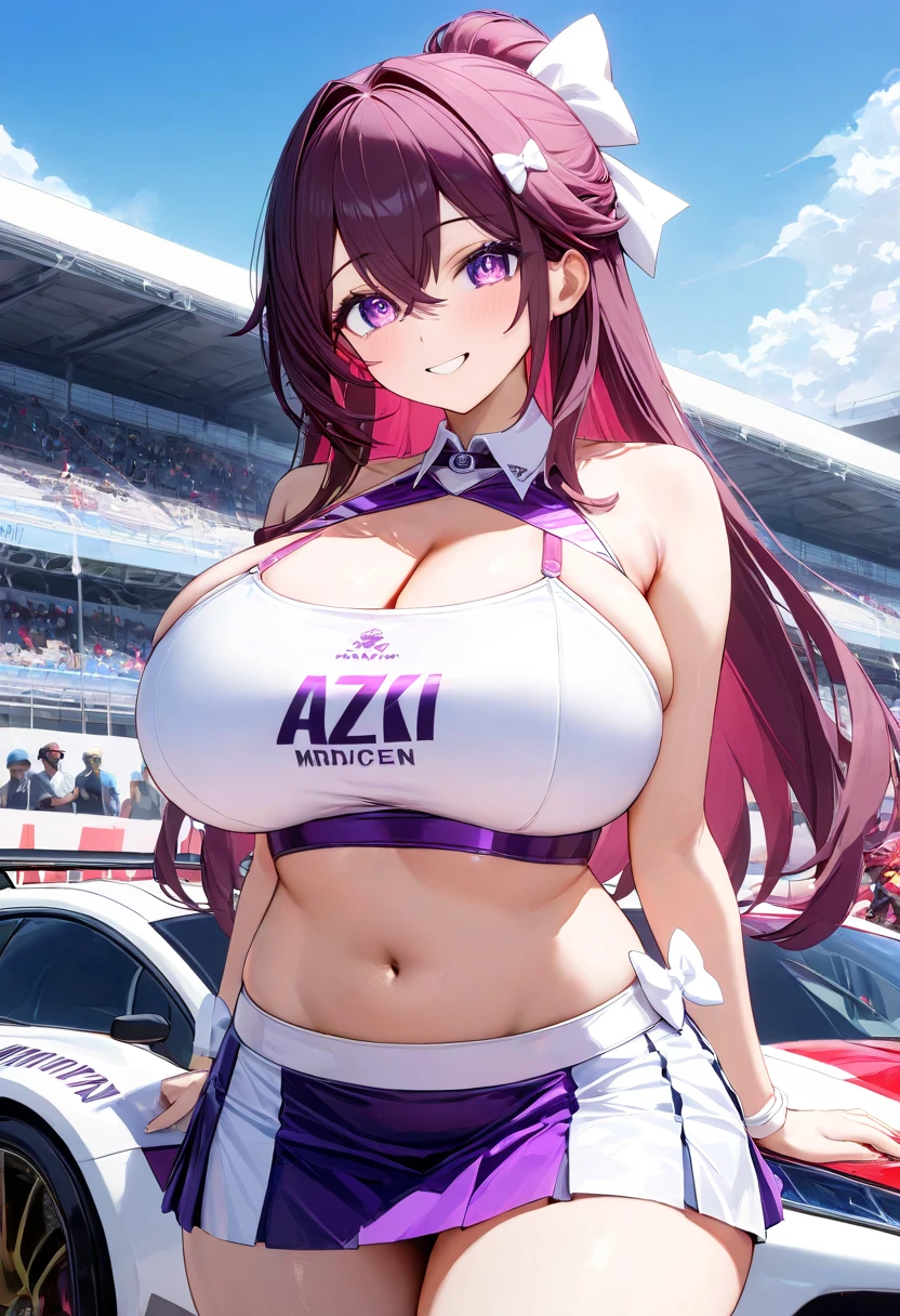 ( best quality , 8k , masterpiece , incredibly absurdres , beautiful woman , perfect body , super detailed skin , highly detailed eyes and face ) , 1 person , AZKi , long hair , original hair color , purple eyes , half updo , small white bow , smile , will be happy , red cheeks , ( race queen, skirt, midriff, crop top: 1.2 ) , ( )