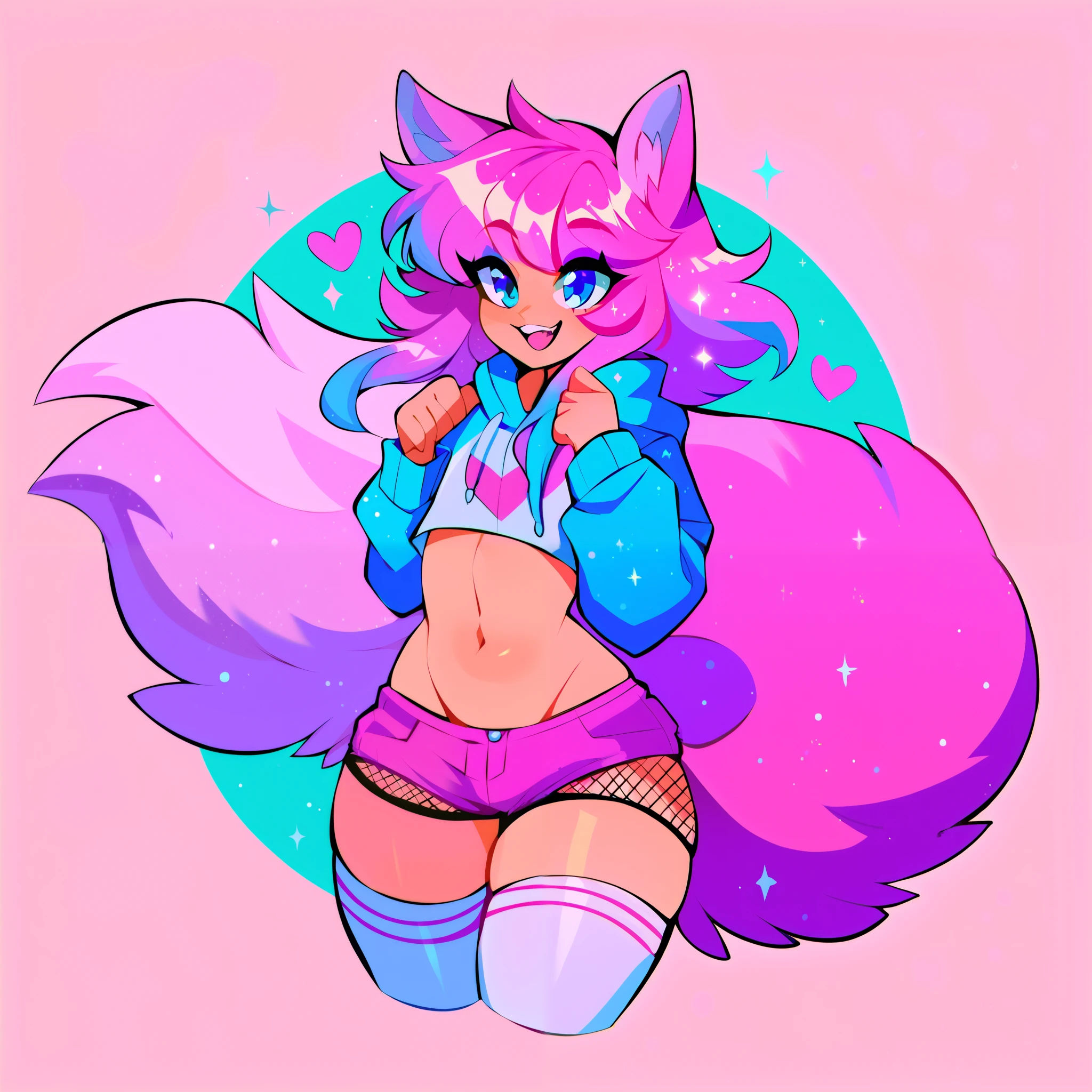 score_9, score_8_up, score_7_up, score_6_up, score_5_up, score_4_up, Single boy, Anime Femboy, Short, Long feathered hair with long locks, wolf ears, wolf tail, blue eyes, flat chest, super flat chest, solo femboy, only one femboy, wide hips, thicc thighs, happy, big fluffy wolf tail, is a boy, one boy, solo, alone, (SOLO)(ALONE), squishy thighs, very soft looking, soft skin, wearing white knee high stockings with fishnets, happy, wearing sparkly neonhot pink latex shorts, no underwear, wearing cropped galaxy hoodie, has light purple pink hair, has highlighted hair (Multi colored hair highlights)(multi colored hair), galaxy backround, bubbles, floating hearts, wearing eye liner, wearing makeup,
