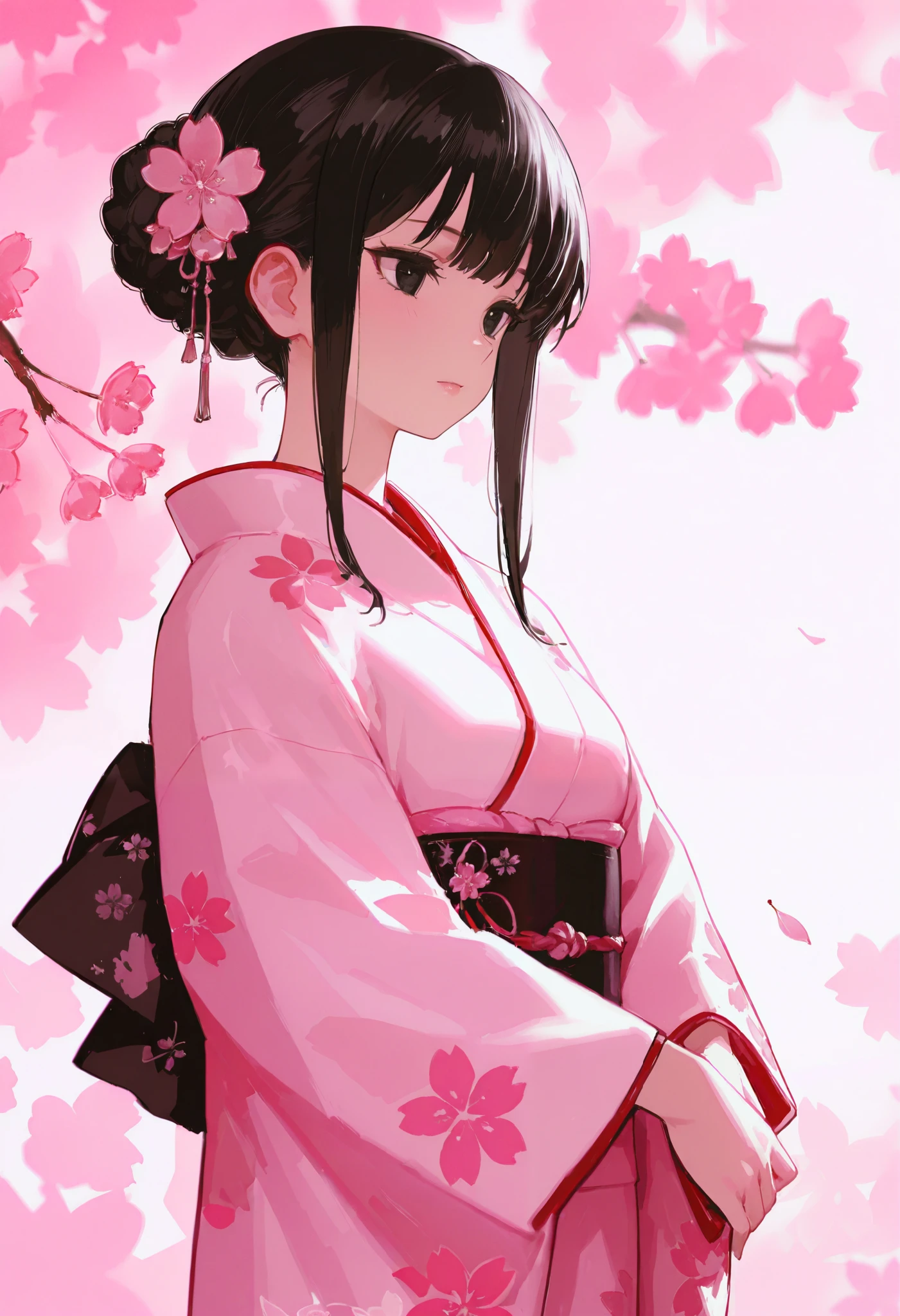 1girl, braided bun jet black hair, bangs, black eyes, kuudere, wearing kimono, standing up, sophisticated, cherry blossom background, depth of field, highres, great quality, illustrated digital sketchy anime style, soft lighting, cherry blossom leaves falling