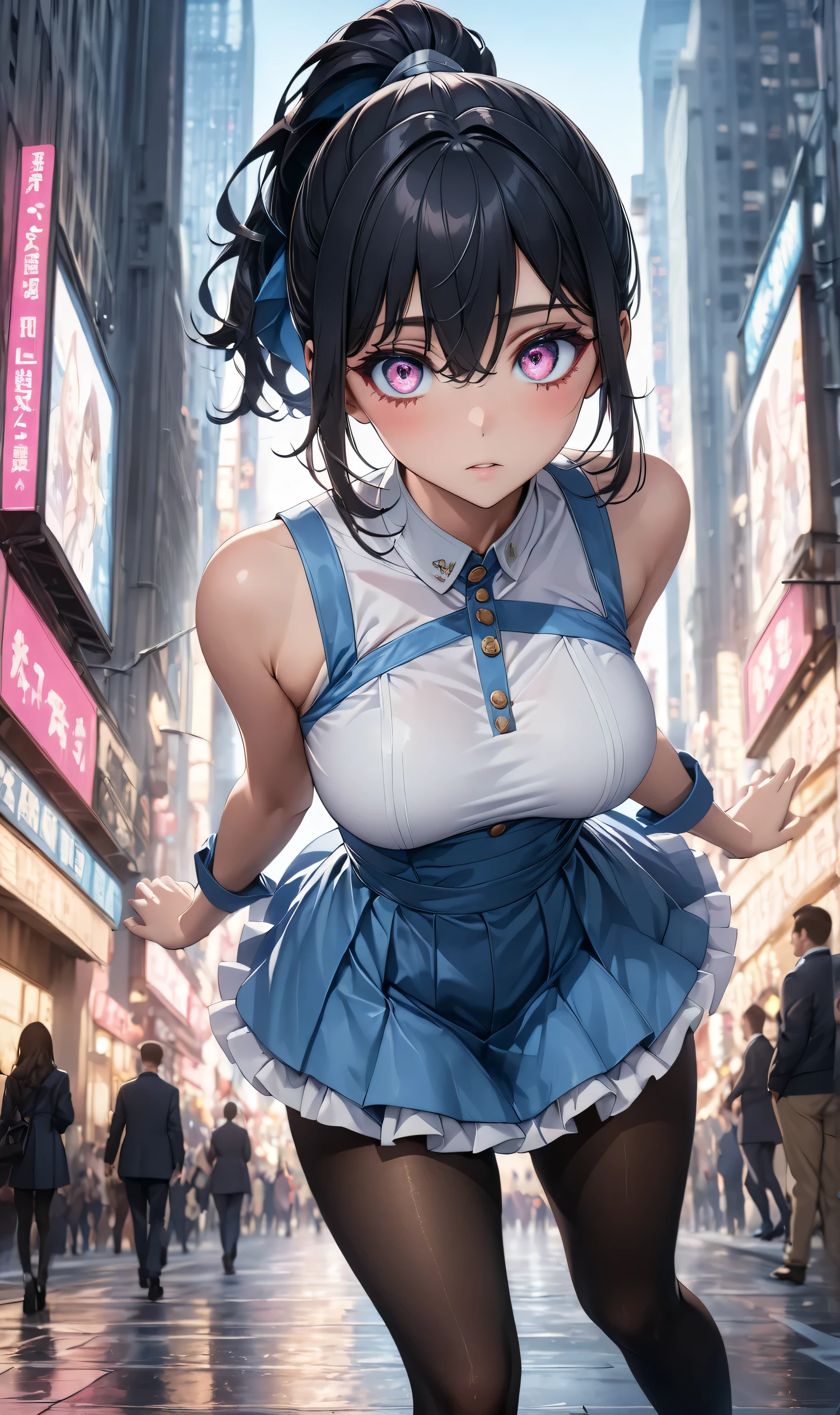 Full body, ((Random pose)), (perfect anatomy), Mastepiece、Ultra High Quality、 8k、masterpiece、Best Quality、Ultra-high resolution、Maximum resolution、Very detailed、Professional Lighting、anime、woman, (((Pink eyes)))、thin、so beautiful、(((Highly detailed eyes)))、(((Very beautiful eyes)))、Highly detailed face、Black Hair, ((Blue eyes)), Ponytail  Hairstyle, White Dress、Pantyhose, Medium breast, Hands behind、Random Pause、 Center city, 