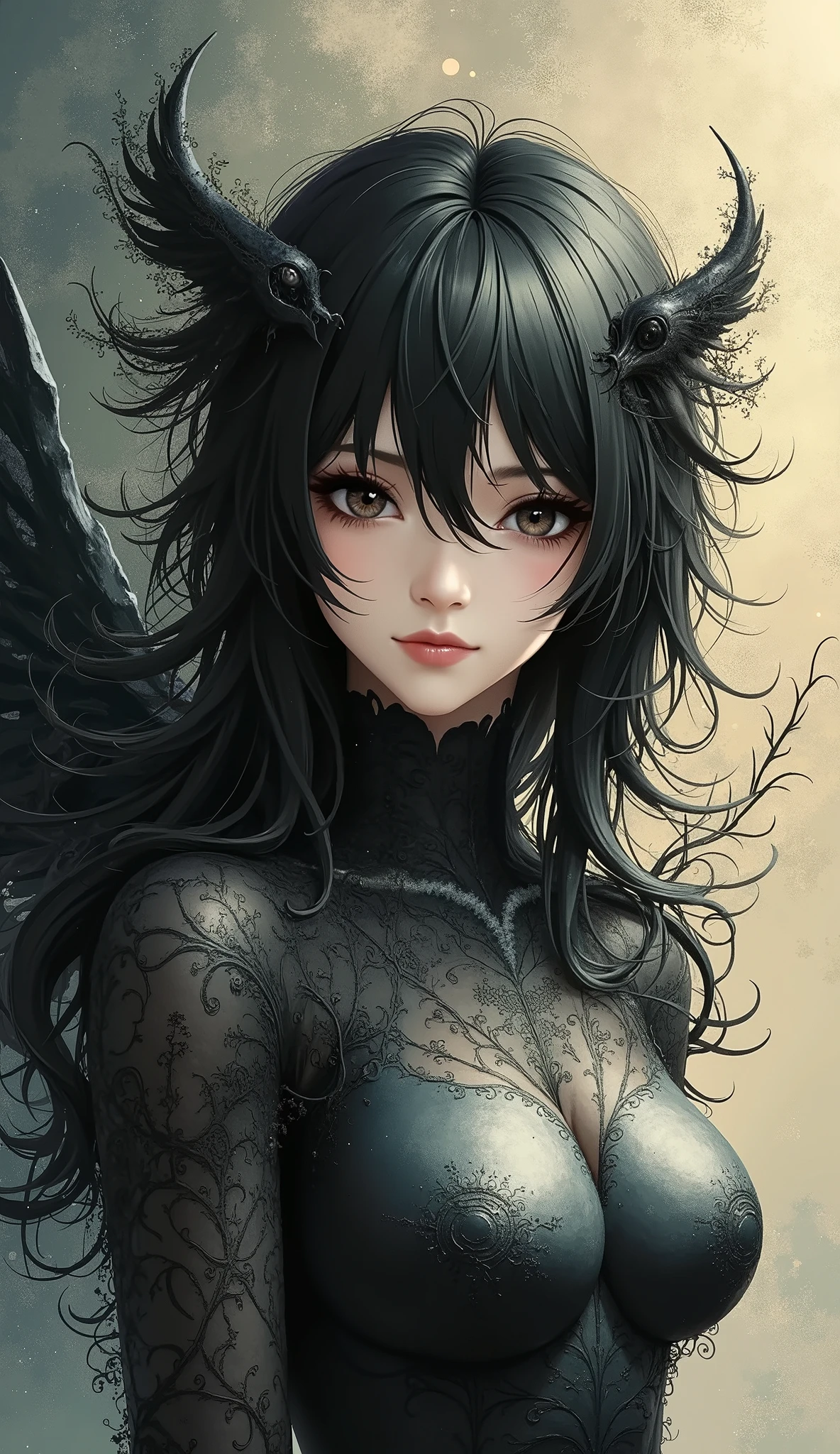 Abstract Painting, fantasy art , Yoshitaka Amano's painting style, ((Calm Madness)), Dark Angel