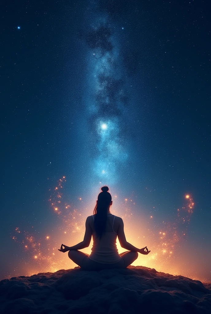 Create an image that illustrates a deep spiritual connection between a human being and the Universe. In the center of the scene, an individual is in a meditative or prayerful posture, with an expression of peace and fulfillment. This being is in harmony with the cosmos around them, which is depicted as a vast and brilliant landscape of stars, nebulae, and galaxies.
Around the individual, a luminous aura or vibrant energy connects them with the starry sky, symbolizing unity with the Whole and the vastness of the Universe. The colors of the image should be soft and ethereal, using shades of blue, purple, and gold to convey a sense of serenity and transcendence.
Incorporate elements such as beams of light, constellations, or subtle spiritual symbols that interact with the human being, highlighting the interconnection and synergy between the individual and the cosmos. The image should evoke feelings of universal love, balance, and the deep spiritual connection that the “Your Power” channel seeks to convey.