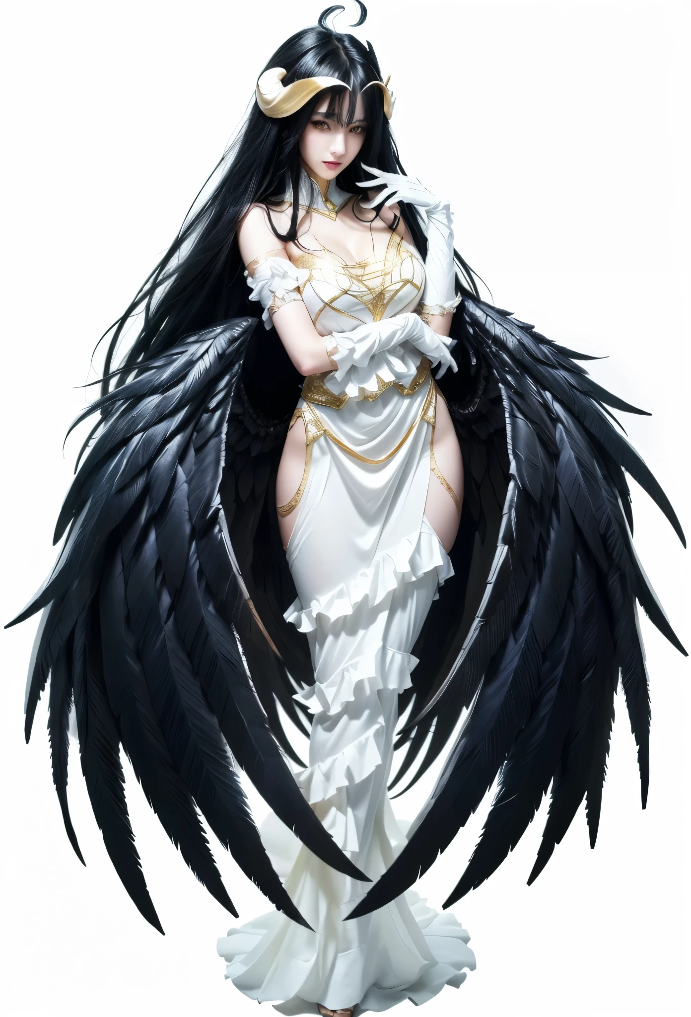 High-resolution, realistic, female character with long black hair and sharp yellow eyes, wearing an elegant white dress with gold accents, large black angelic wings, curved horns, confident and graceful pose, detailed and lifelike facial features, intricate ruffled fabric textures, smooth fabric reflections, fantasy-inspired design, soft and cinematic lighting, professional art quality, vibrant and clean details, hyper-realistic rendering, no distortions, no cartoonish features, balanced and striking composition, art wallpaper 4k, 4k 円, best 4k konachan wallpaper.