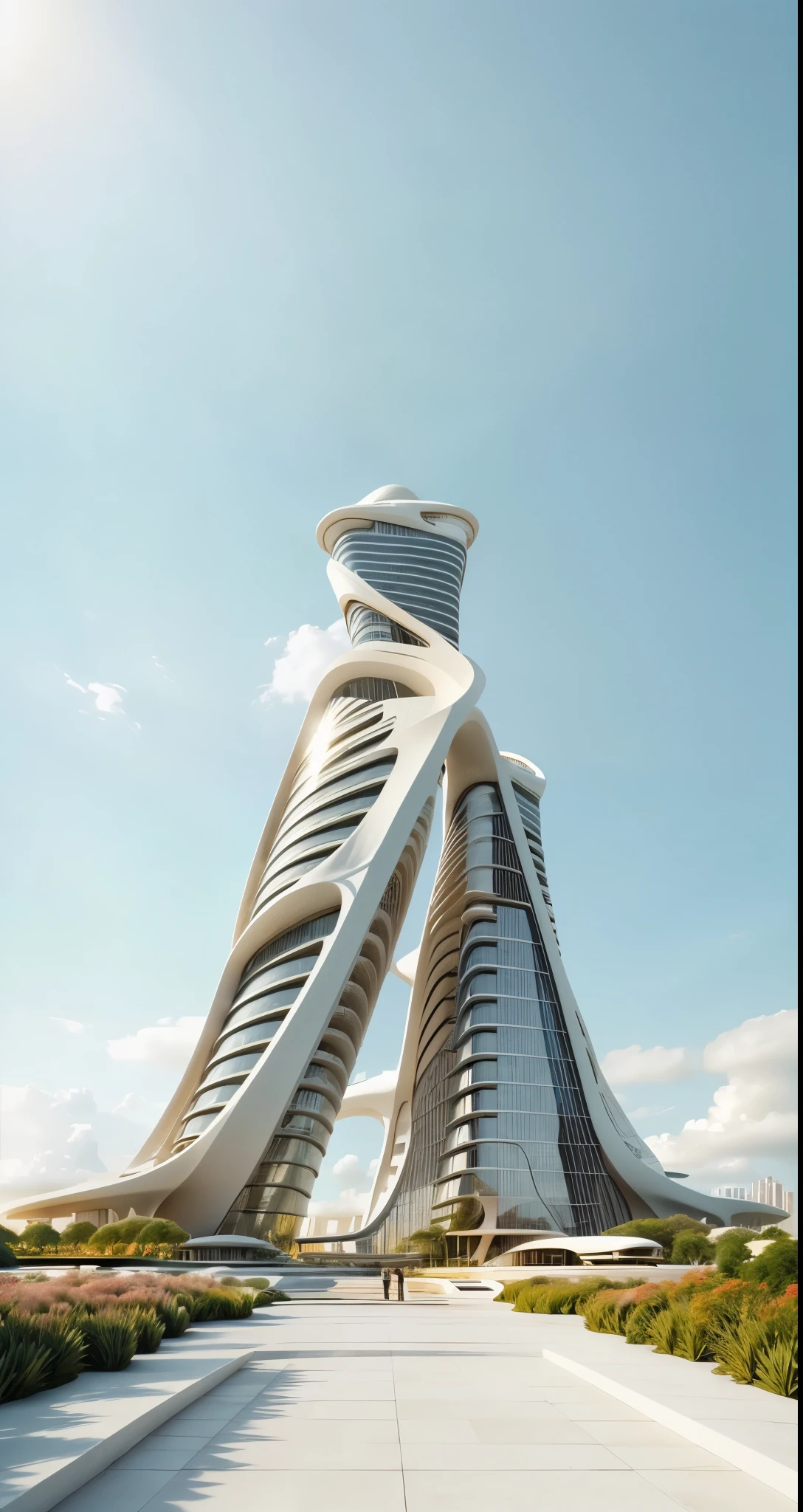 building, skyscraper by zaha hadid, people, car, lawn, walkways, small pool, blue sky, white cloud