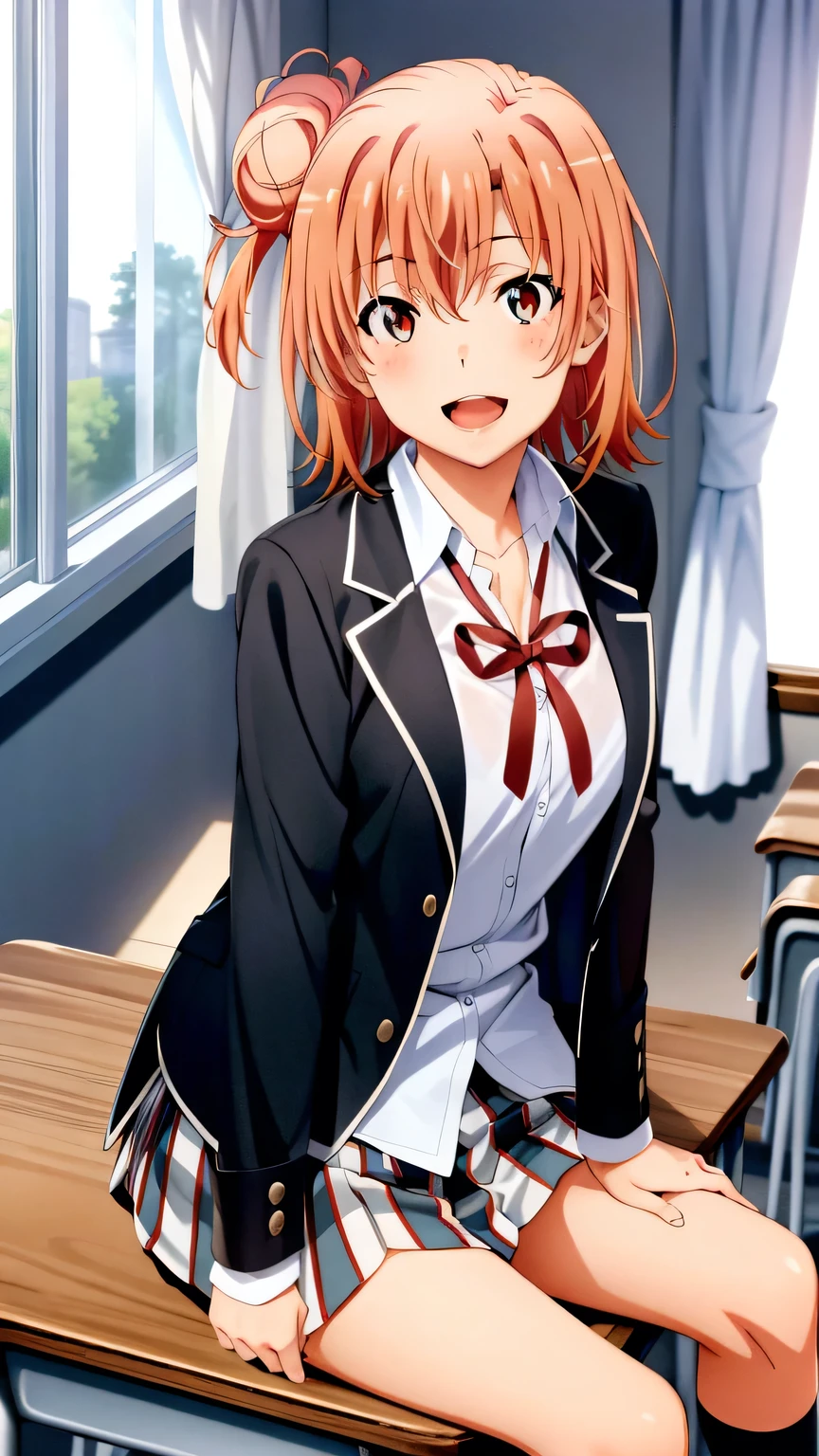 {{{masterpiece}}}, (best quality:1.5), (ultra-detailed:1.5), {illustration}, {{an extremely delicate and beautiful}}, (beautiful detailed eyes:1.6), absurdres, highres, extremely detailed face, 16k, hd, visual anime de uma jovem mulher, extremamente bonito rosto de anime, anime melhor garota, (perfect hands, perfect anatomy), anime face, Yuigahama Yui (Oregairu), aayui, 1girl, solo, cute face, (short hair:1.2), (single side bun:1.5), hair between eyes, pink hair, big eyes, (red eyes:1.4), big breasts, big hips, curvaceous, BREAK, {school uniform}, {sobu high school uniform}, black jacket, long sleeve, (open jacket:1.2), white shirt, collared shirt, (shirt tuck out:1.2), red ribbon tie, (plaid skirt:1.2), mini skirt, pleated skirt, kneehighs socks, black socks, BREAK ,1girl, cowboy shot, open mouth, kyoushitsu, classroom, indoors, school chair, school desk, chalkboard, window, ceiling light, curtains, smiling, peer in from below, looking at viewer, daytime, sit on the desk, spread crotch, spread legs, smiling, flushed cheeks