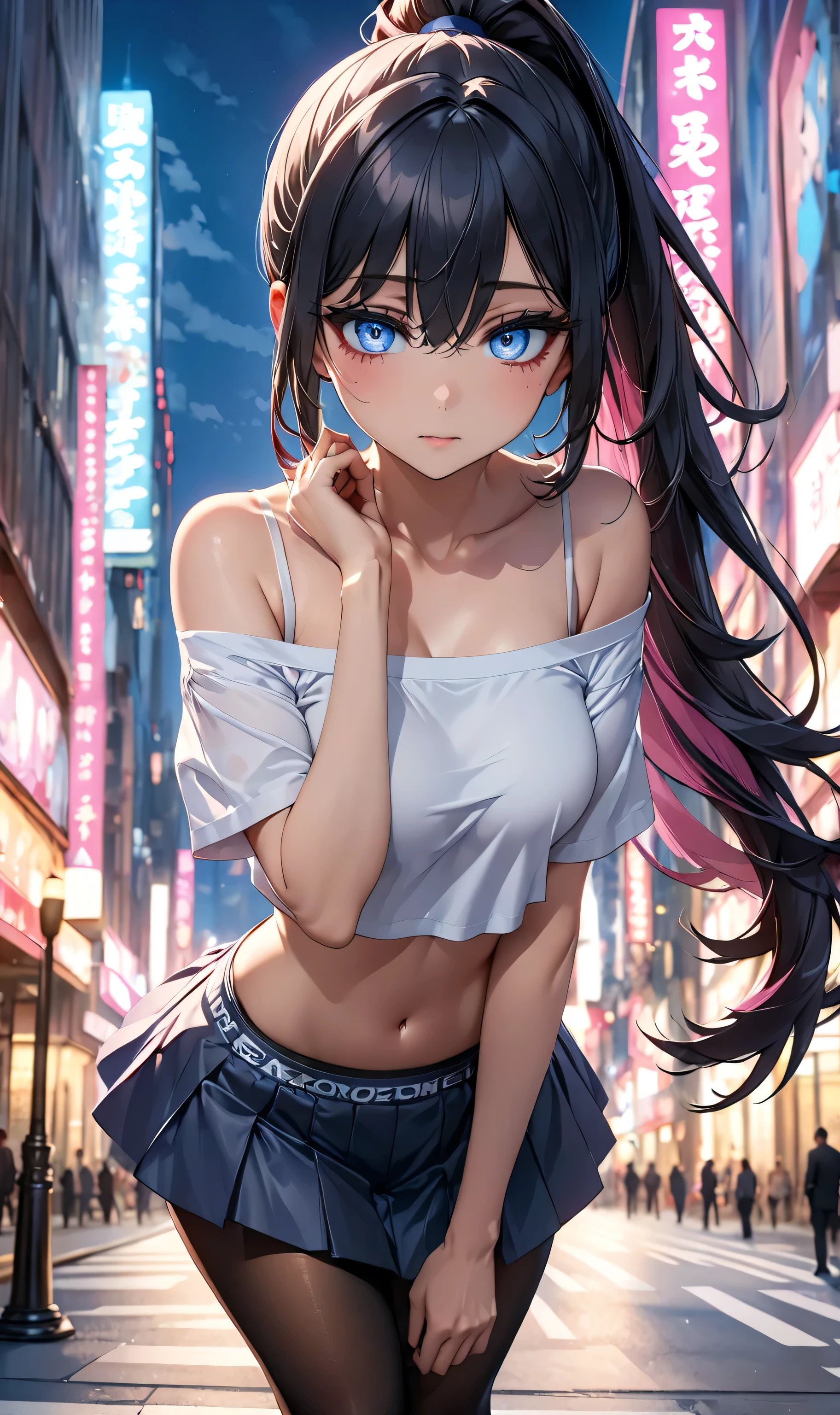 Full body, ((Random pose)), (perfect anatomy), Mastepiece、Ultra High Quality、 8k、masterpiece、Best Quality、Ultra-high resolution、Maximum resolution、Very detailed、Professional Lighting、anime、woman, (((Pink eyes)))、thin、so beautiful、(((Highly detailed eyes)))、(((Very beautiful eyes)))、Highly detailed face、Black Hair, ((Blue eyes)), Ponytail Hairstyle, Crop top shirt, Off-Shoulder、Pantyhose, Medium breast, Hands behind、Random Pause、 Center city,
