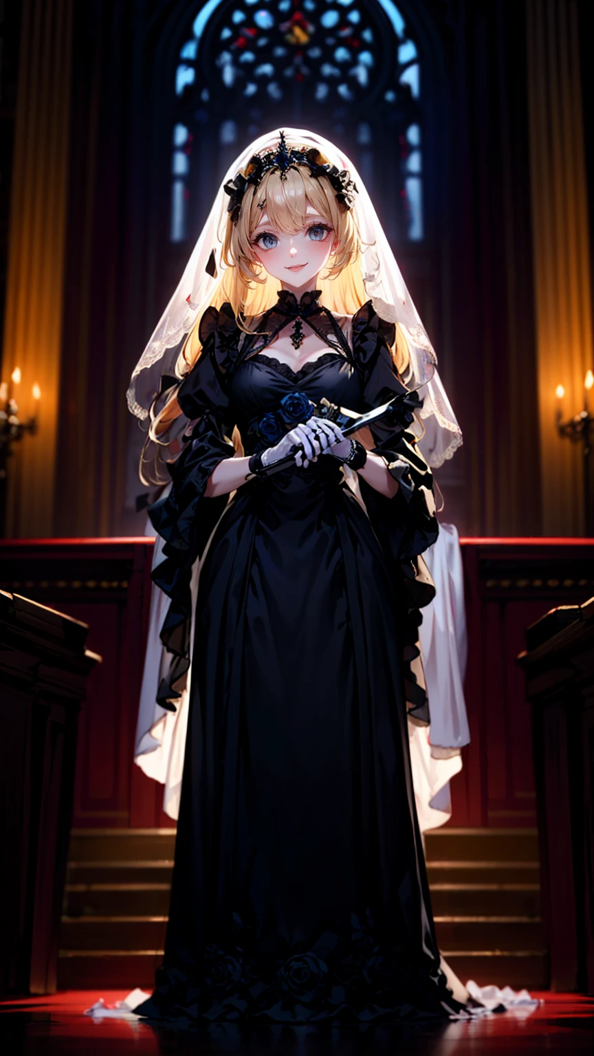 ((Highest quality)), ((masterpiece)), (detailed), （Perfect Face）、The woman was Princess Leona, with long light brown hair and a gorgeous, bewitching black wedding dress and black wedding veil.、In a luxurious church wedding hall, a woman is getting married to an evil emperor dressed in a dignified and powerful black outfit.、The woman has long hair