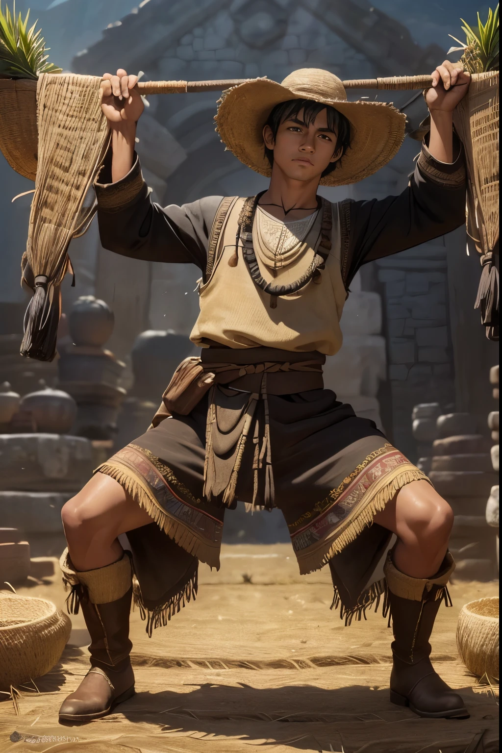 masterpiece, Highly detailed, super realistic, 4k, 8k,
detailed background, detailed face,
(Ancient Incan style),
1man, solo,
(25-year-old farmers man:1.5),
(short black hair:1.5),(dark skin),(tan),
(wearing a Poor peasant clothing),(long sleeves),
(Cloth poor pants),(Brown short boots),
(squatting),
(Legs spread),
,(full body),(From the front),