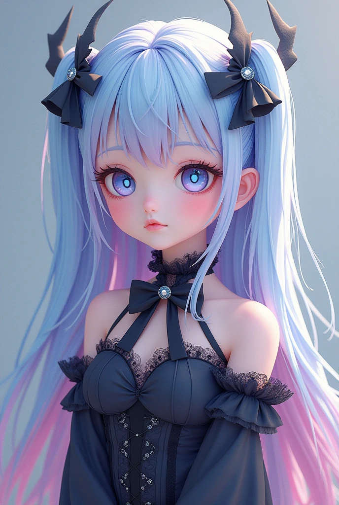 A beautiful woman close focus, neckline. Pink and blue hair, large eyes, detailed eyes, Perfect face, seductive, vivid colors, detailed skin, Masterpiece, photoretracted. Color eyes.