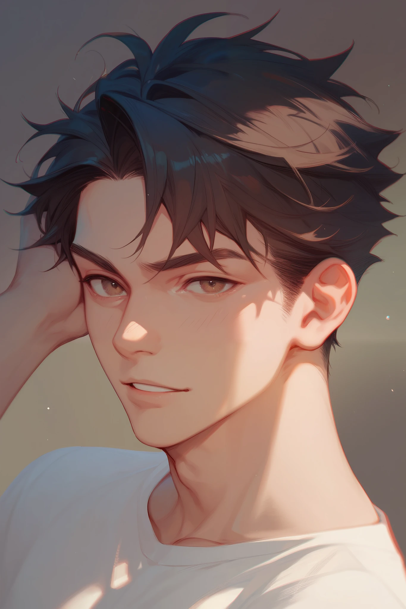 Anime  boy with short black hair and Hazel eyes