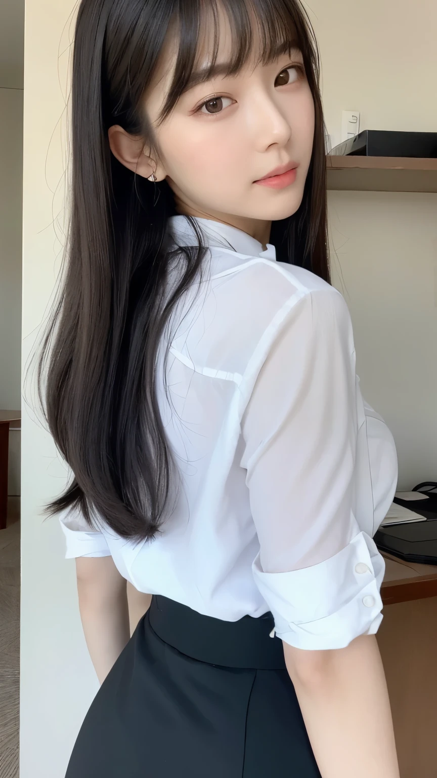 ((最 High Quality , 8k, masterpiece :1.3)), (( Super Big Breasts )), (((whole body)))、 black hair,OL、((secretary))、Office Background、Backwards、 standing、 dull bangs, hair behind the ear, shoulders with chocolate, long hair, Ultra Fine Face, Thin face, Delicate lips, beautiful eyes, Light blush,Perfect glowing skin, perfect skin, Shining Sweat, see here, white Y shirt、 black skirt 、No accessories、View angle from behind, Super Details , High Quality , 最 High Quality , high resolution