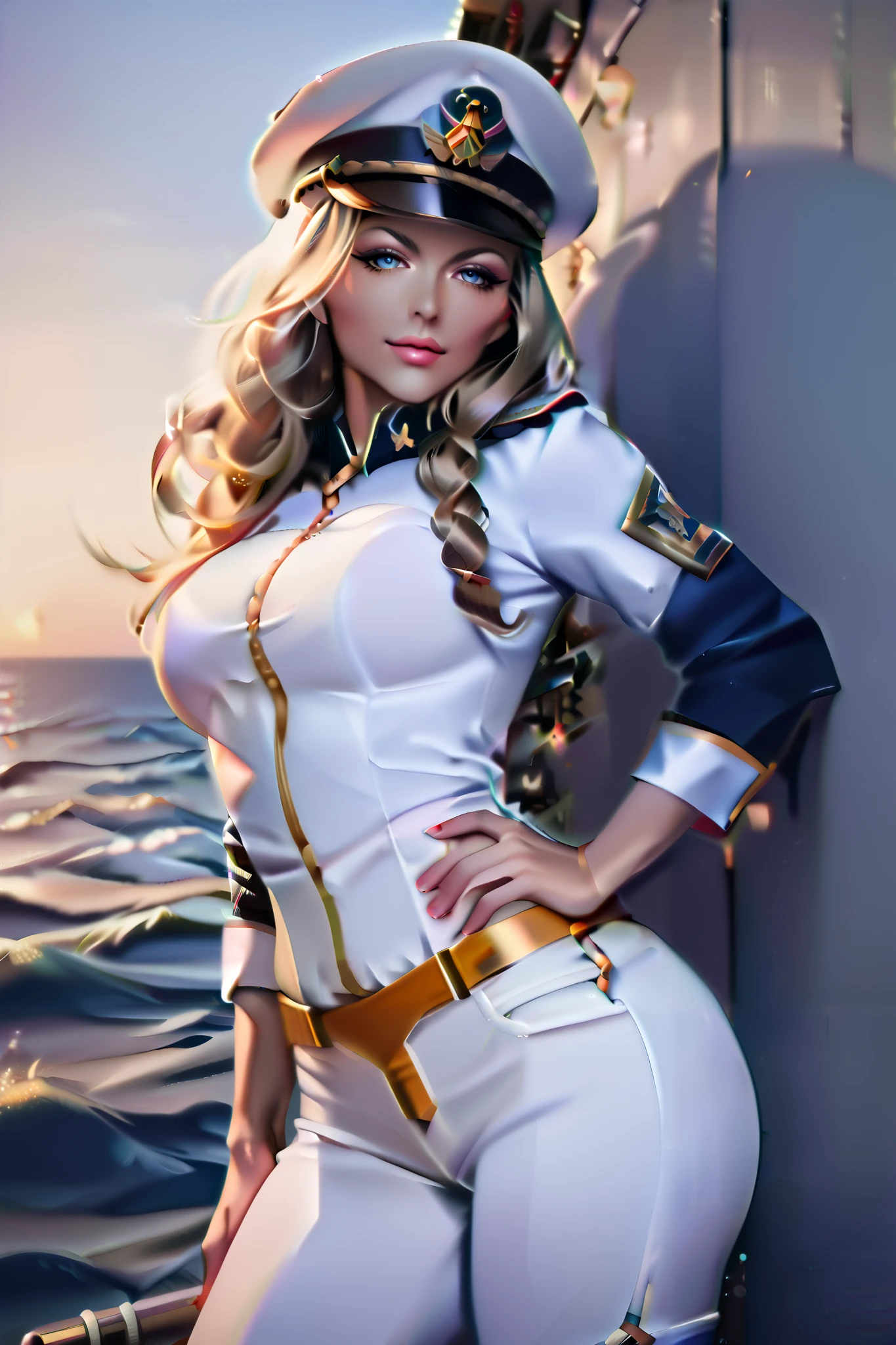 commander, sailor, tight white shorts emphasizing the crotch area, tall silhouette, sensual curves), [illustration, vivid colors], (best quality), [soft lighting, ocean background], ) 　(1 mature female)　super beleza　(Rosto realista)　Mulher loira no uniforme branco posando no navio de guerra,　Mulher no uniforme militar branco　White pants in military uniform　Oficial da Marinha　beautiful expression, high resolution,Warship deck　Sunset