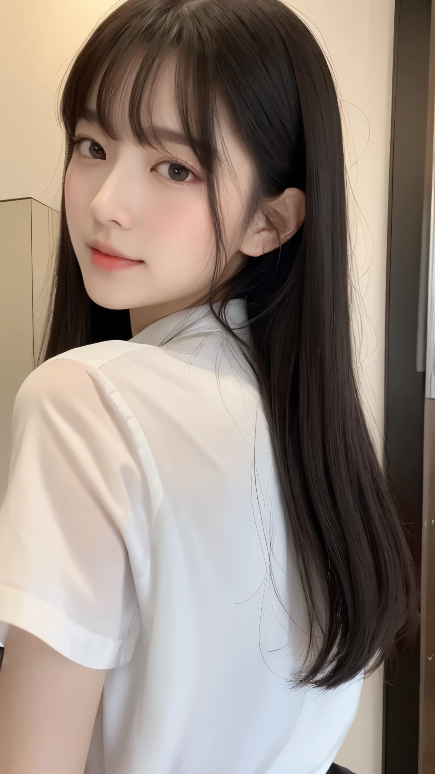 ((最 High Quality , 8k, masterpiece :1.3)), (( Super Big Breasts )), (((whole body)))、 black hair,OL、((secretary))、Office Background、Backwards、 standing、 dull bangs, hair behind the ear, shoulders with chocolate, long hair, Ultra Fine Face, Thin face, Delicate lips, beautiful eyes, Light blush,Perfect glowing skin, perfect skin, Shining Sweat, see here, white Y shirt、 black skirt 、No accessories、View angle from behind, Super Details , High Quality , 最 High Quality , high resolution