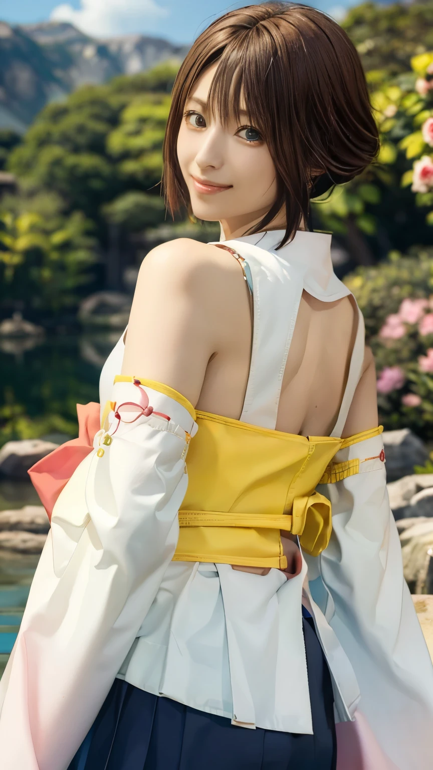 ((( perfect anatomyに基づいた四肢を丁寧に描写する))),(((Tilt your head backwards and look back with your eyes flowing))),realistic skin,( intricate detail in wet water), best lighting, Beautiful background with deep depth of field ,((ultra  high resolutionolution,  high resolution)), { high resolution},{{Very detailed 8KCG wallpaper }},{{ Extremely Accurate and Detailed }},(((Masterpiece))), best quality , absurd, perfect anatomy, 1 girl,Alone, Yuna FFX, Odd Eye , short hair,Yuna Costume, hair ornament,Long-sleeved kimono, in the same way,band,Same as skirt,Pleated hakama , cowboy shot,Adorable smile,