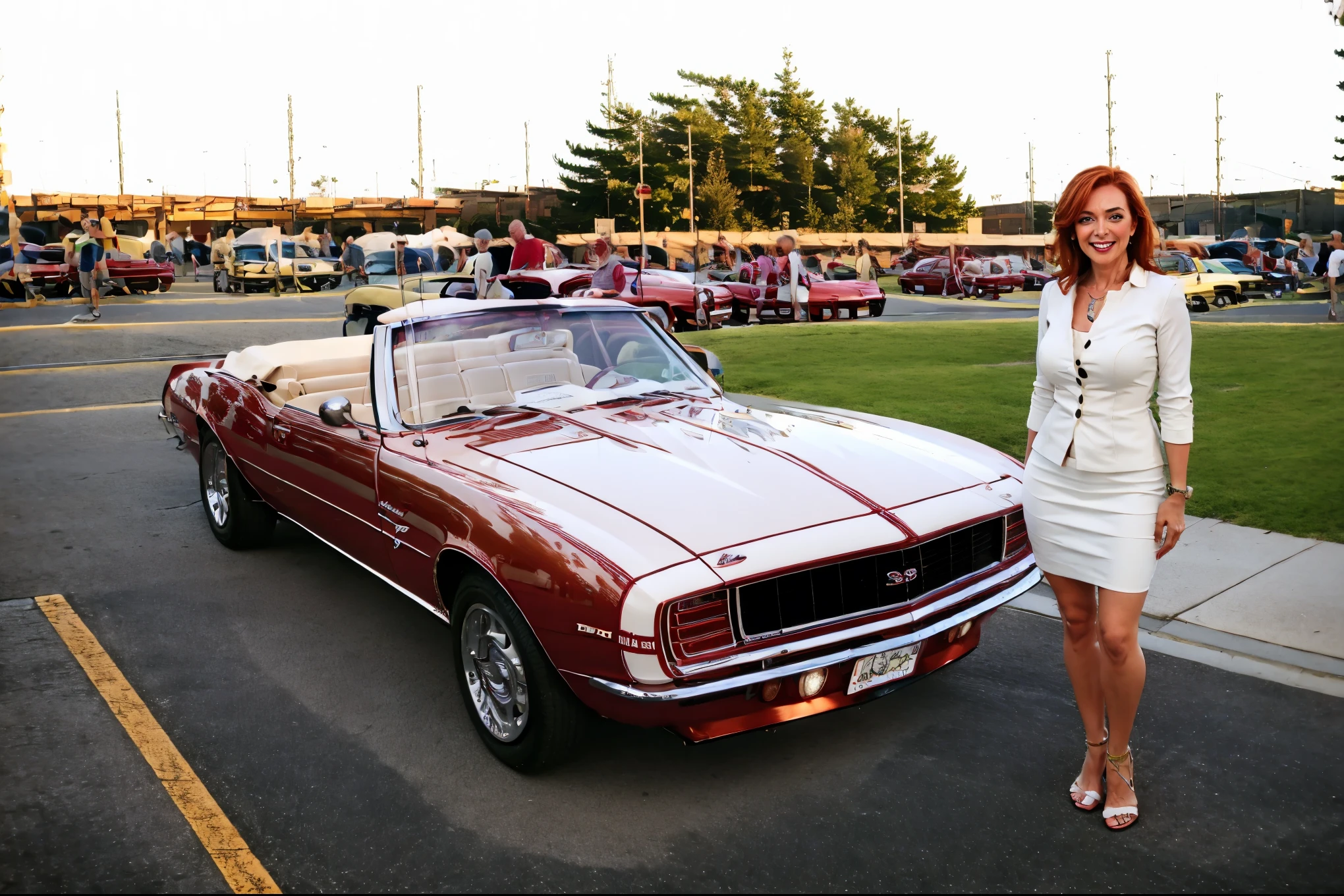 cinematic photography, stunning ginger hair 50-year-old businesswoman, naughty smile, next by her red camaro convertible <lora:60s_Camaro:0.8>. Color, Film photography, subsuface scattering, glossy oiled skin, cinematic lighting, stark lighting, medium-format camera, chiaroscuro, <lora:detail_slider_v4:0.5>