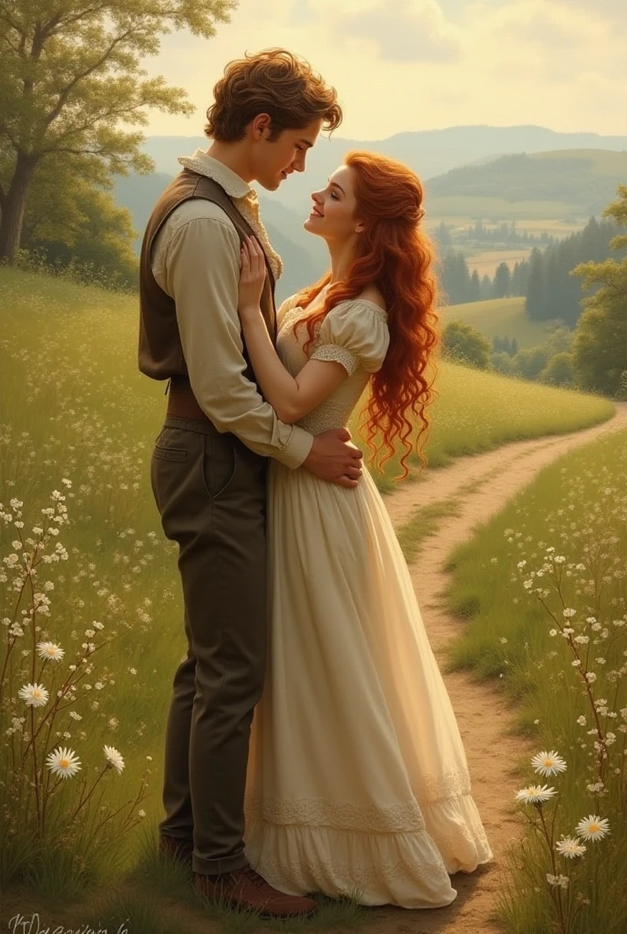 Couple in love from 1810 in countryside of England, England. Beautiful woman with ginger hair, white DRESS. Tall handsome man with brunette hair and blue eyes