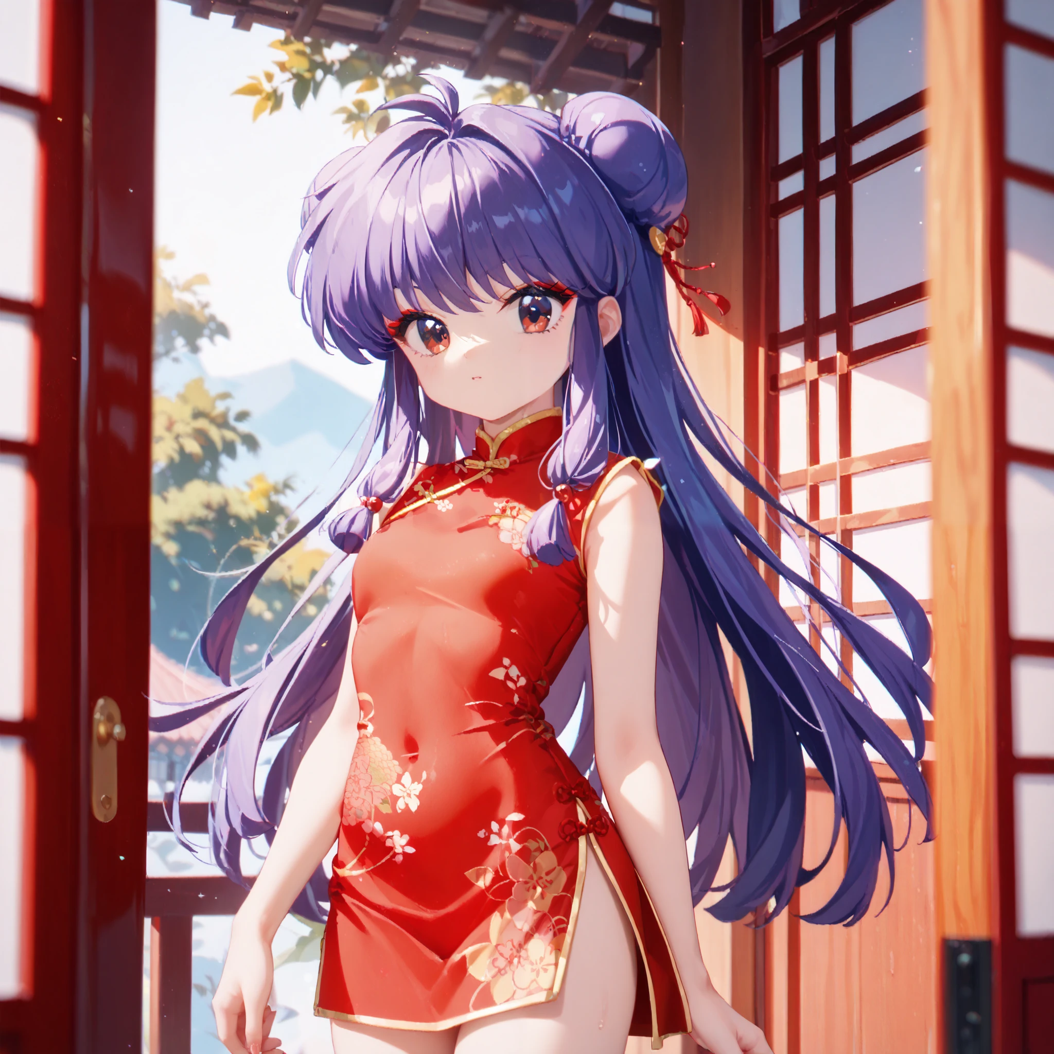 Masterpiece, best quality , perfect face, highest resolution, best quality , eyes, 8k, 1 girl, shampoo (Ranma 1/2), young, red eyes, long hair, purple hair, Detailed depiction of bun knot hair , Red eyeshadow, China dress , shows her thighs