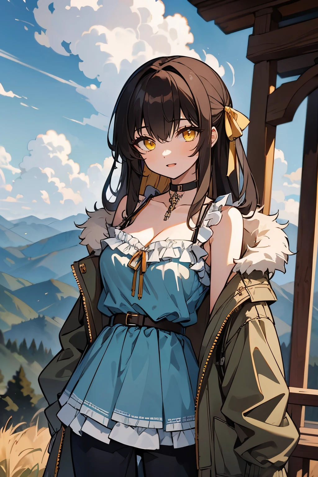 (masterpiece:1.2), (high quality:1.2), girls with((1girl, solo, brown hair, yellow eyes, (long hair, hairribbon:1.3), breasts, choker, cleavage, coat, cowboy shot, camisole, frilled blue dress, black pants, black belt, collar, collarbone, rosary, rosary choker, cross, fur, khaki hoodie, green hoodie, hood down, hooded coat, hooded jacket, hoodie, jacket, long sleeves, medium breasts, open clothes, open coat,open hoodie, sleeveless, winter clothes, zipper, cleavage, upper body)), background with((architecture, blue sky, bush, castle, village, no humans, cloud, cloudy sky, day, field, garden, grass, hill, house, lamppost, landscape, mountain, mountainous horizon, nature, no humans, outdoors, scenery, shrine, sky))