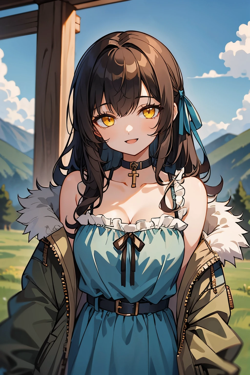 (masterpiece:1.2), (high quality:1.2), girls with((1girl, solo, brown hair, yellow eyes, (long hair, hairribbon:1.3), breasts, choker, cleavage, coat, cowboy shot, camisole, frilled blue dress, black pants, black belt, collar, collarbone, rosary, rosary choker, cross, fur, khaki hoodie, green hoodie, hood down, hooded coat, hooded jacket, hoodie, jacket, long sleeves, medium breasts, open clothes, open coat,open hoodie, sleeveless, winter clothes, zipper, cleavage, upper body)), background with((architecture, blue sky, bush, castle, village, no humans, cloud, cloudy sky, day, field, garden, grass, hill, house, lamppost, landscape, mountain, mountainous horizon, nature, no humans, outdoors, scenery, shrine, sky))