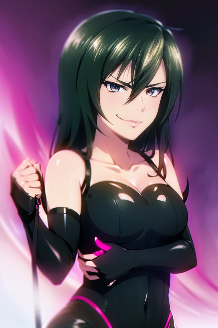 beautiful, masterpiece, ultra detailed, extremely detailed, ultra high res, 8k, beautiful detailed face, anime screencap, heart shaped face woman, (black hair:1.2), long hair, hair between eyes, large breasts, fearless face, sharp face, slant eyes, cat eyes, 170cm tall, adult, perfect proportion, (((black high-leg leotard, black clothes))), (((bare shoulder))), cleavage, (((thigh boots))), choker, (((military cap))), anime style, extremely ultra detailed beautiful face and eyes, front view, raw phot, incredibly absurdres, Beautiful portrait of cute anime girls, super fine illustration, full-hd, hdr, best aesthetic, distinct, exquisite, masterwork, by famous artist, highers, (((perfect anatomy))), mocking, (((rape face))), (((evil grin))), intense eyes, sadistic, gleaming skin, oil skin, slut face, full-face blush, smirking, mischievous grin, furrowed mouth, both legs, pouty lips, downturned corners, rosy hue, grin widely, cheeky smirk, (((bad-tempered glare))), gloating, crazy smile, scary face, cruel smile, fang, connected teeth,, (((elbow gloves))), (((big connected teeth)), glare, grimace, smirk, (((scowling face))), smile broadly, symmetrical eyes, even eyes, perfect eyes, (((squinting eyes))), deep detailed eyes, shiny clothes, 1girl, solo, smug, smile grimly, (((dimpled smile))), pink eyes, (((upper body shot and standing))), (((laugh))), (((pleasure face))), (((brutality face))), (((scary face))), (((fang))), super detailed skin, official art, production art, top quality, high quality, amazing quality, finely quality, fantastic, professional quality, perfect hands, perfect arms, both arms, two arms, both hands, two hands, cleavage cutout, bare collarbone, shiny hair, anime best girl, cel anime, (((upper body shot))), bangs, spread back hair, fair skin,