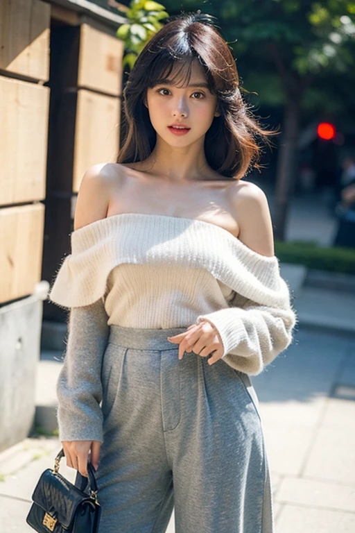 (8K、RAW Photos、Highest quality、masterpiece:1.2)、(Realistic、Realistic)、1 Girl、((off shoulder sheer skull sweater 、hand warmers、y2k grumpy accessories, skirt、upper image、space、View from the front、Looking into the camera、unusual pose))、24 years old girl 45kg