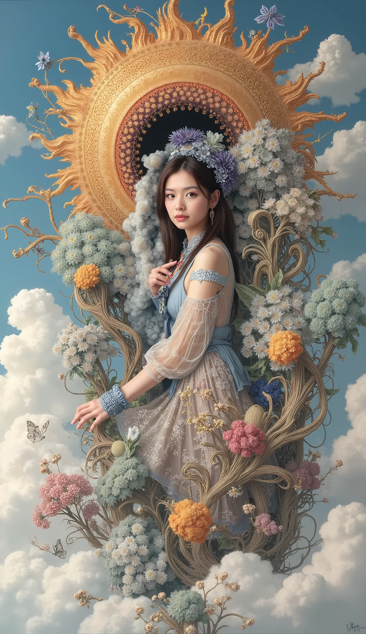 （Masterpiece，highest priority，best quality，official art，beauty and beauty：1.2），（1 girl, ），（translucent colored wings：1.1），（colorful dress：1.1）（fractal art：1.1），The most detailed，full body, (abstract background:1.3), (Shiny skin), (many colors:1.4), ,(earring),（flower：1.3），