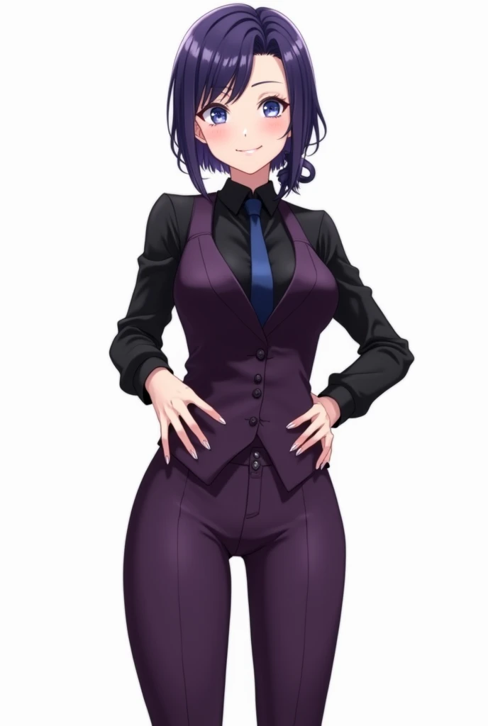 turn around、back、Ultra-detailed illustrations、Ultra-precise expression、masterpiece、Highest quality、ultra High resolution、High resolution、Hiromitsu Takeda Style、White background、Simple Background、One girl、solo、Mash Kyrielight、light purple hair,short hair,hair over one eyes、Black sleeveless dress, White collar、Red tie、Black Pantyhose、Purple panties、Brown boots、Purple eyes、Vulgar expression、smile、Open your mouth、blush、Large Breasts、Big Breasts、Erect nipples、Choker of Hearts、White Breath、Sweat、Glowing Skin、shiny skin、Angle behind、View your viewers、Place the index finger of one hand over your mouth、