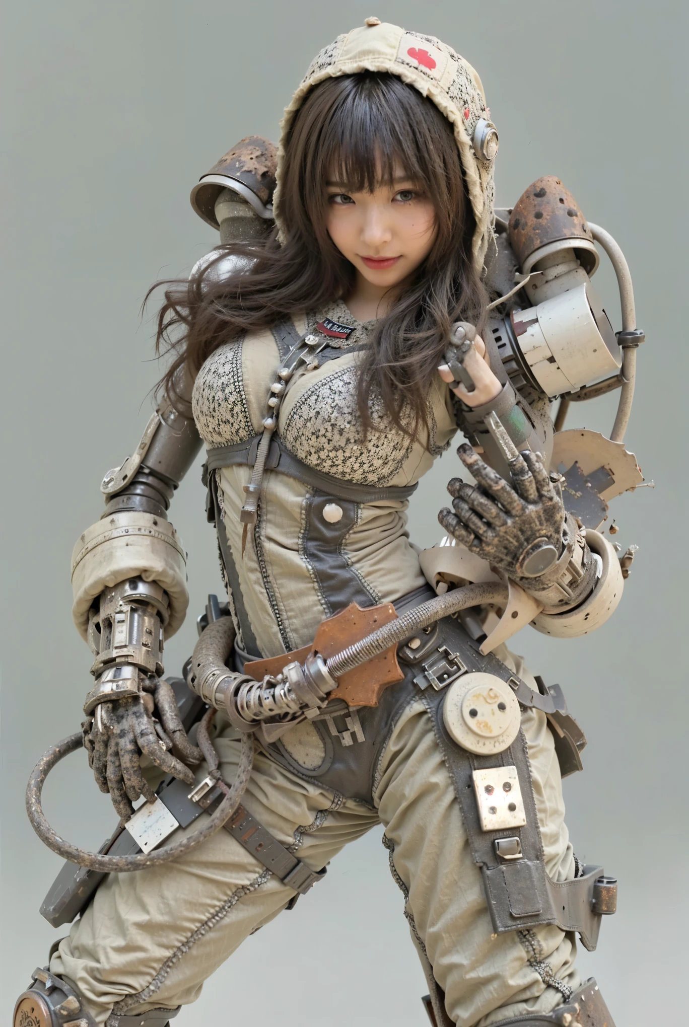 (Completely live action:1.37), (Amazingly realistic textures:1.37), (masterpiece, best quality:1.2), (8k uhd, 16k, 32k, ultra high res), amazingly realistic skin, amazingly realistic photo, superrealism, (photorealistic:1.37), (RAW photo), ultimately realistic, (ultimately realistic all details), (ultimately realistic all textures), super realistic lighting, super realistic shadow, (japanese girl:1.5), (realistic idol face), smiling, happy, super realistic face, ultimately realistic skin, ultimately realistic eyes, (mascara:1.35)ultimately realistic background, ultimately realistic detail up, (kkw-ph1:1.25), (Canon EOS R6, 85mm, 1/200s, f/5.6, ISO 1600), (tattoo), (mechanical armor:1.37), (blue eyes:1.2), (silver hair:1.3),