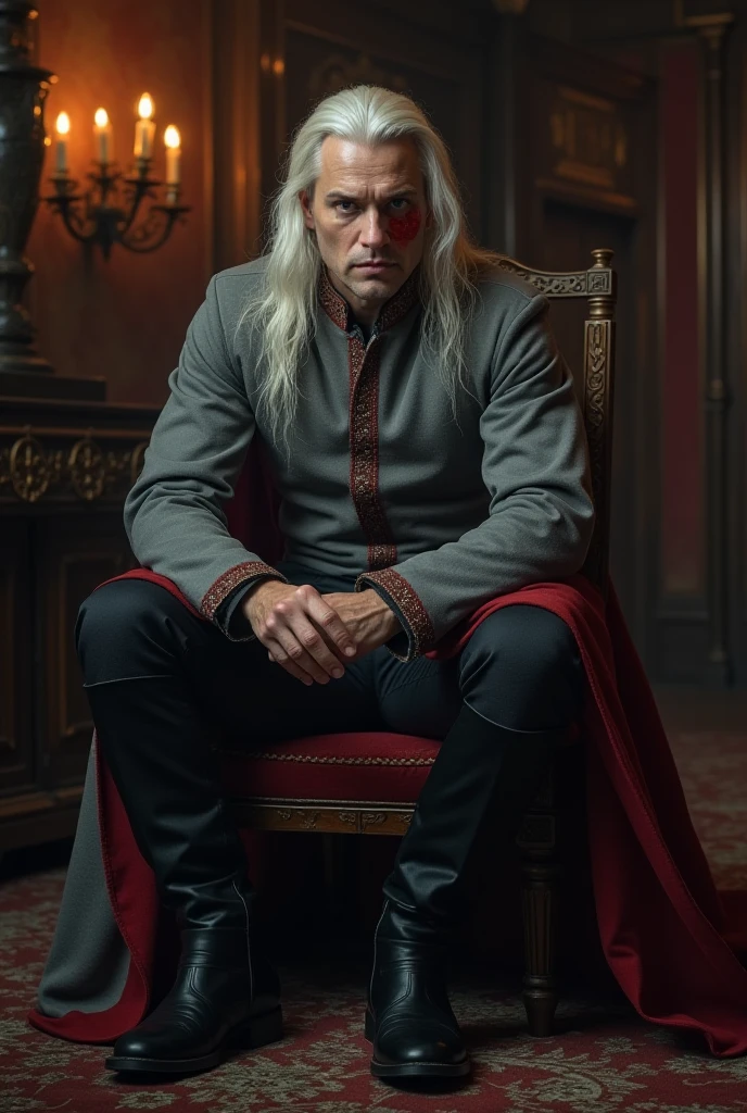 A handsome Aesthetic Targaryen Prince with long curly platinum blonde hair, he's wearing a royal black velvet prince outfit with red details and red cloak, he's wearing a black iron Crown, He's sitting on the iron throne 