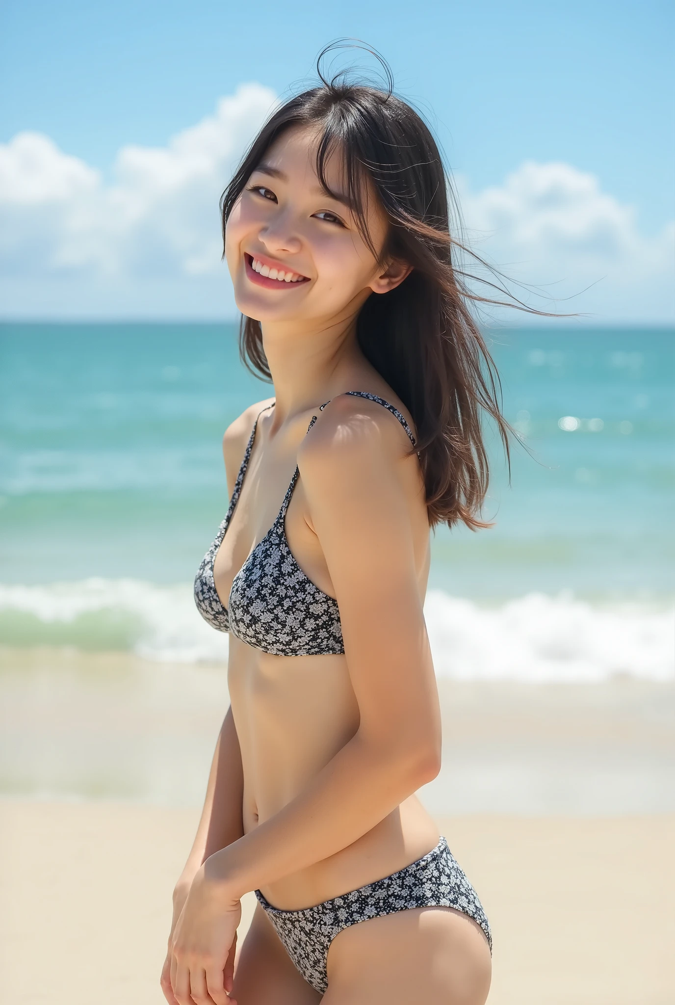 24year old beautiful girl、Beauty、Japanese、Beauty、beautiful girl、slim、Back view、turn around、Highest quality、Realistic、16K、panoramic、((Best Quality, 8k, Masterpiece: 1.3)), 1 girl, full body, slim face, beautiful woman,Only one girl、((Perfect body)))、(masterpiece)、((Highest quality))、(Ultra-detailed)、((Very delicate and beautiful))、(((Very shallow depth of field)))、Hmph，(((Unbelievably absurd)))、((Perfect body)))、(((Black-haired)))、(((Shortcuts)))、(Okabo Hair)、(((The best smile that makes you happy)))、Floral pattern skirt type bikini、Dynamic Angle、Female focus、{Particles of light}、Delicate background、((Paul Hedley)))、Soft lighting、Basking in the morning sun、Very beautiful、 Basking in the morning sun、Realistic、Full body、Cute Smile、(The background is blurred)、（Large Breasts）((Larger breasts))、((wind))、(((Movement)))、(((Emotional)))、((colorful))、((Beautiful Teeth)) 、Flare、Ocean background、Shooting from a distance、Full body、Beautiful legs、Squatting on the beach with hands on the ground