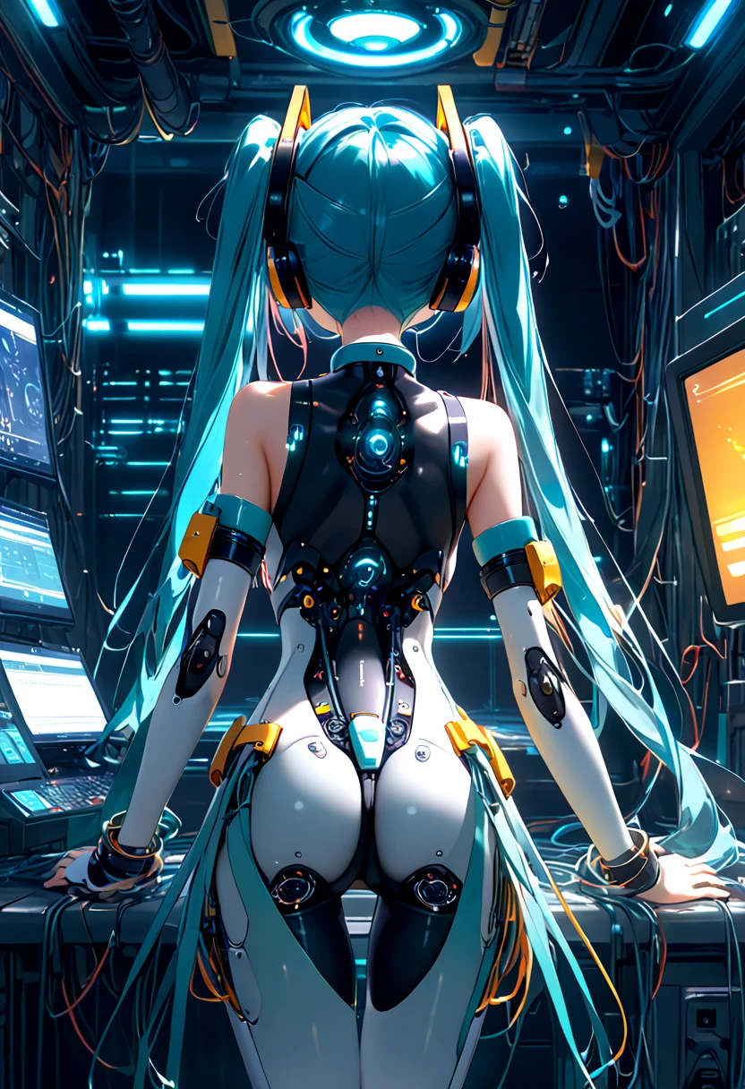 (quality)), ((masterpiece)), Recommended results、Puffy nipples、(see through:1.5)、straighten your back、abdominal muscles、huge bust、angle to floor:1.2、low camera angle、Hair loss on crotch,Hatsune Miku,super detailed)), (highly detailed CGillustration), ((extremely delicate and beautiful)),(1Mechanical Girl)),alone,whole body,(Machine made joints:1.2),((mechanical limbs)),(Flashing blood vessel points connected to tubes),(Mechanical vertebrae attached to the back,With flowing glitter.),((Flowing glitter fixed around neck)),poker face,(wires and cables attaching to neck:1.2),(wires and cables on head:1.2)(Character focus),,Very detailed,colorful,most detailed