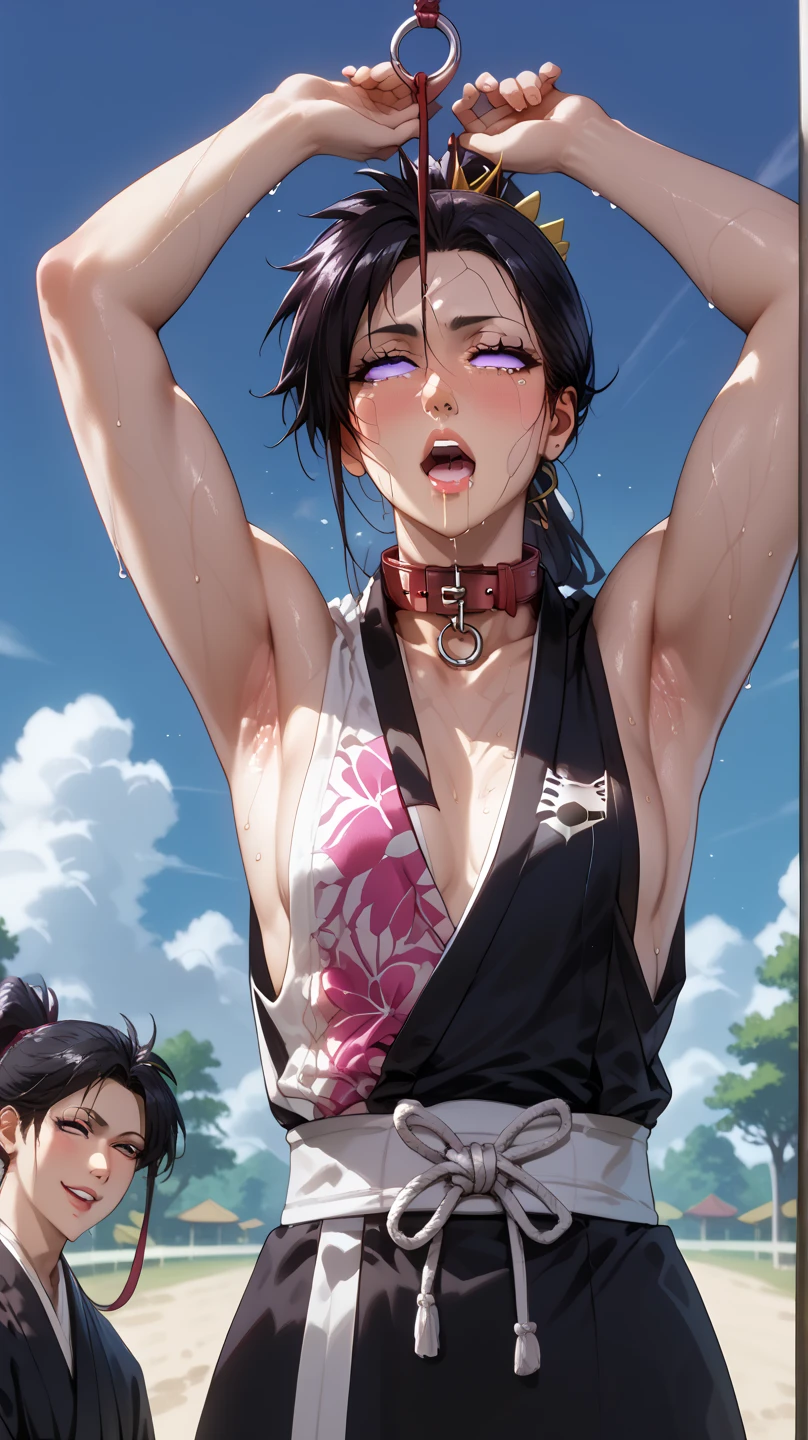 a picture, inspired by Kentaro Miura, trending on pixiv, soifon from bleach, black uniform, favorite scene, fine details, skins, sweating, small breasts, both hands raised, armpits, (small head),armpits visible, dripping with sweat, more more sweat, ((Japanese clothes)),open mouth,rolling eyes,muscle,kneel down,open legs,For the audience, (muscle:1.2),Looking at the audience, tired, (small breasts),sexy body,perfect body,(drooling), tears, head wet, runny nose, black hair, dog collar,transparent nose hook.