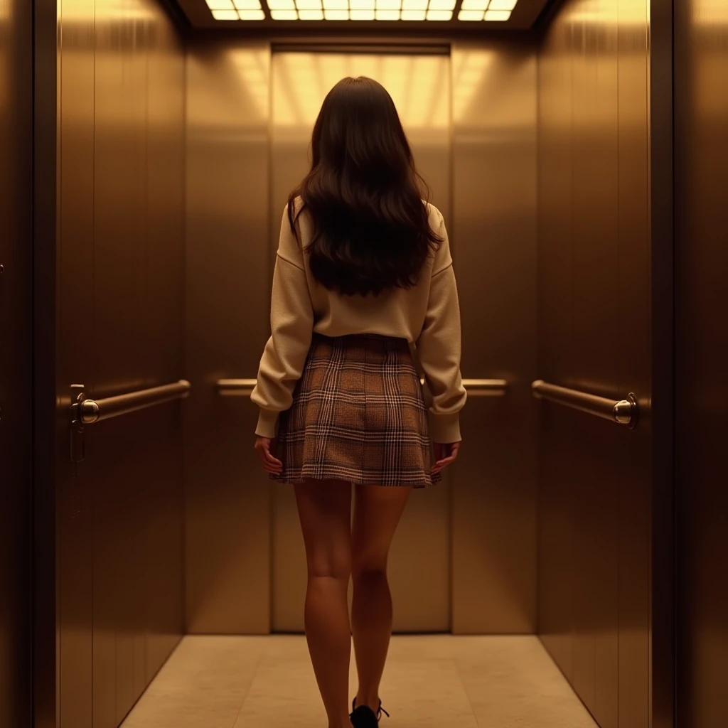 Curvy totally naked Latina girl in the elevator with pigtails leans down to pick something up on the floor. realistic