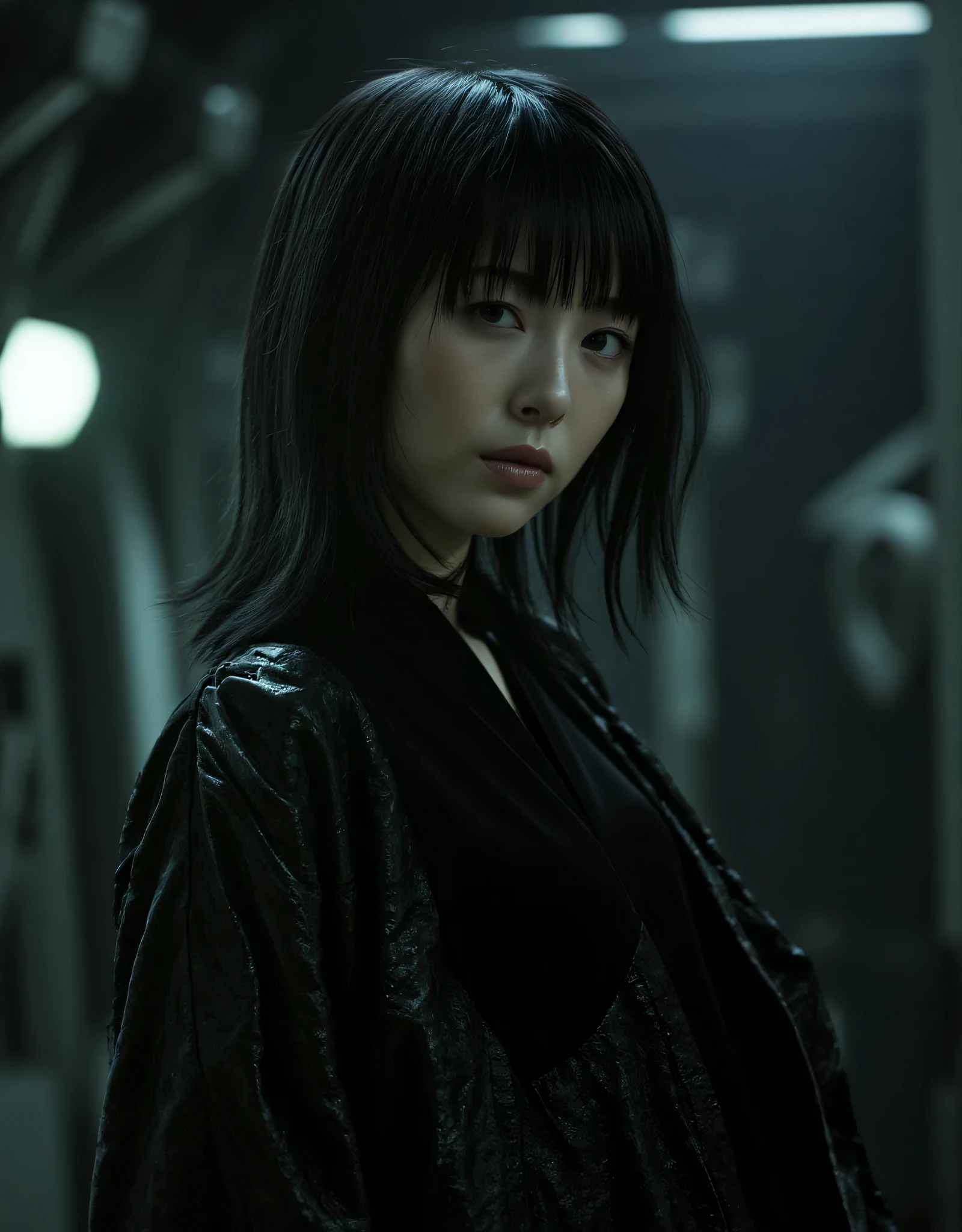 (((The dark interior of the Nostromo ship :2.0))),((( HR Giger style cyberpunk atmosphere:2.0))),(((Raise a cyberpunk-style Japanese sword:2.0))), ,((whole body:2.0)), one woman,( cute face),(Beautiful well-balanced face ),( bangs without nails:1.5),( black hair:1.5),( beautiful eyes:1.3),Glamorous shot of a 20 year old Japanese woman , Slender Beautiful Body ,( model body type:1.3),(Slim body:1.3), perfect body line, Ideal Proportions ,( big breasts:1.5),Bare thighs,Voluptuous thighs, delicate body,( Shrimp:1.5),A harmonious posture,(Realistic breast depiction :1.5),(Realistic depiction of areolas:1.3), carefully depicts limbs based on perfect anatomy,((Wear a samurai kimono-style military coat with an open front over a black super high-leg leotard :1.5)),((Ultra high-leg leotard made of form-fitting camy-like latex:1.5)),(( Samurai Kimono Style Military Coat with Open Front Over Leotard:1.5)),(ear monitor:1.5),((Tactical Holster:1.5)),( gloves:1.3), concept art ,( best quality :1.5),(masterpiece:1.5),(Super high resolution),resolution,UHD,( Delicate Depiction), carefully drawn with butterfly wings ,32K,(( realistic skin texture:1.5)),((( Ultra Realistic:1.5))),Draw eyelashes carefully, very detailed face,Highly detailed female hand,Sexy appearance,Very sensual,(Blurry Dim Backgrounds :1.5), chicken,( movie lights:2.0),((Blade Runner Style Light :2.0))