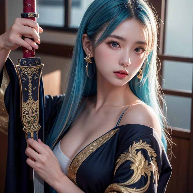 Realistic, Tabletop, Realistic, High resolution, Soft Light, Lift your hips high, blue eyes, Gray Hair, Long Hair, Exquisite Details EABA, Cape, gun, warrior, armor, Japanese sword, Warrior, warrior Helmet、Beautiful Anime Woman, Anime Goddess, Keqing of Genshin Impact, Beautiful Fantasy Empress、Japanese style costume hugeな乳房 huge